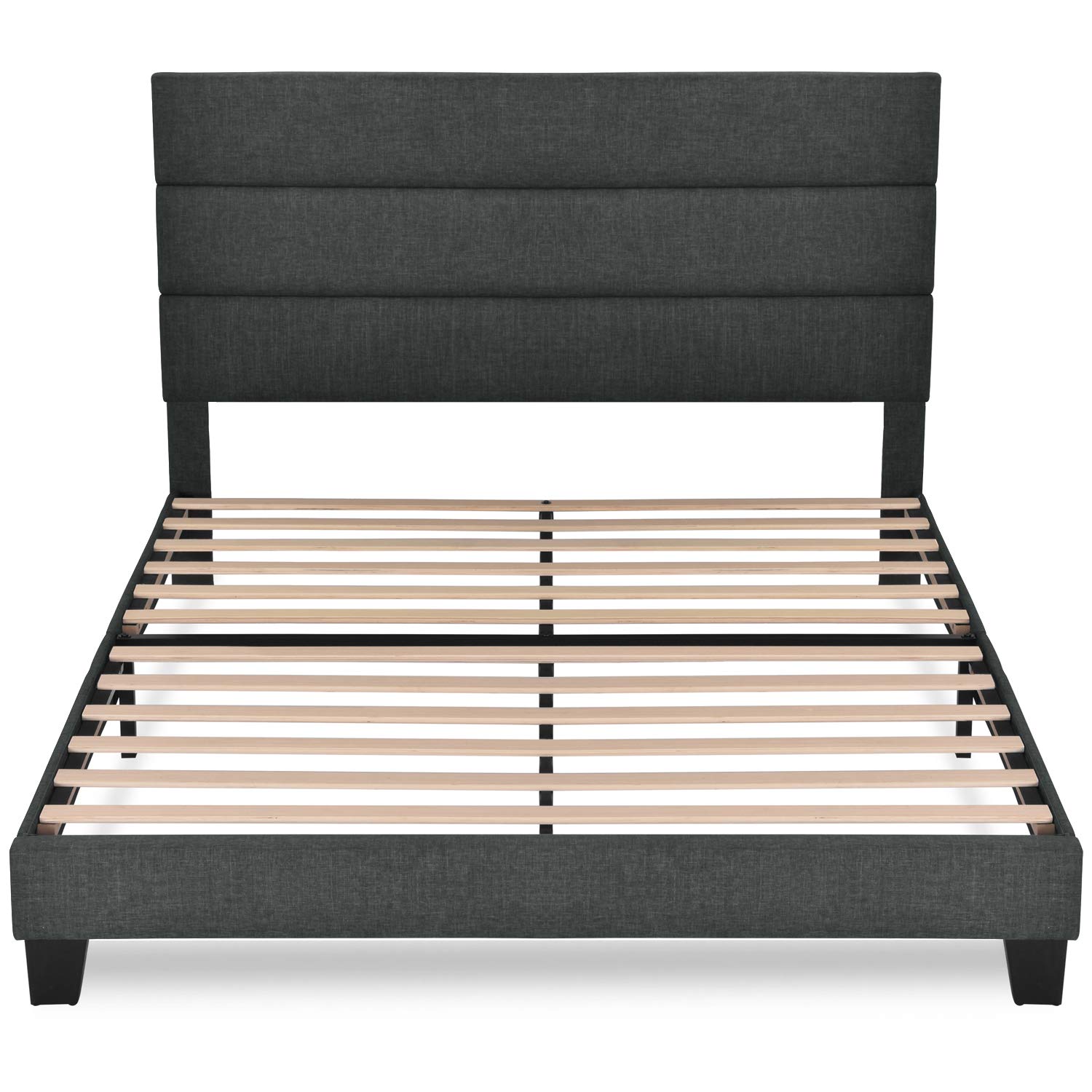 King Size Platform Bed Frame with Upholstered Headboard - Wood Slat Support, No Box Spring Needed, Easy Assembly, Dark Grey - Perfect for Modern Bedrooms & Guest Rooms