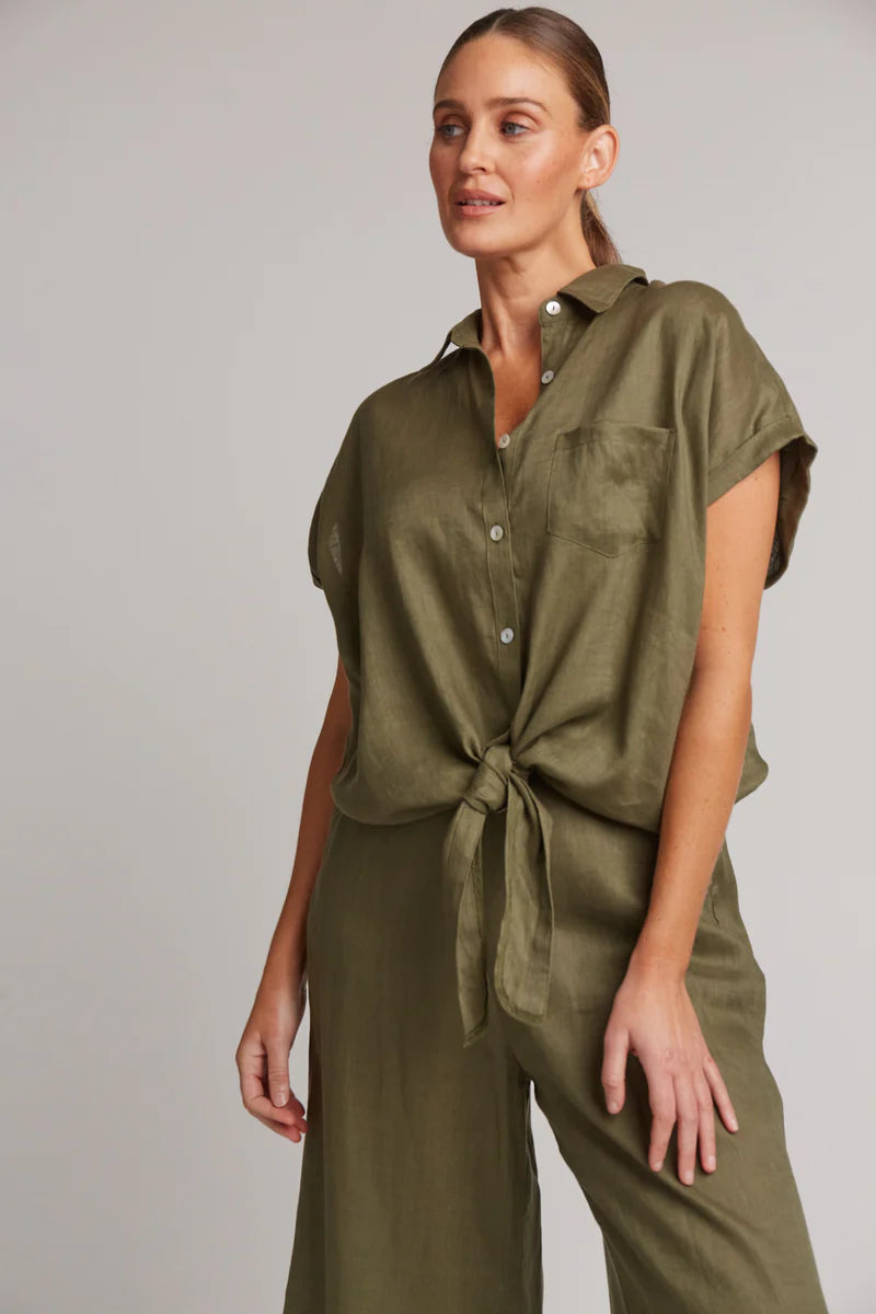 Stylish Tie Front Linen Shirt for Women - Khaki | Breathable Summer Blouse for Casual Outings & Office Wear