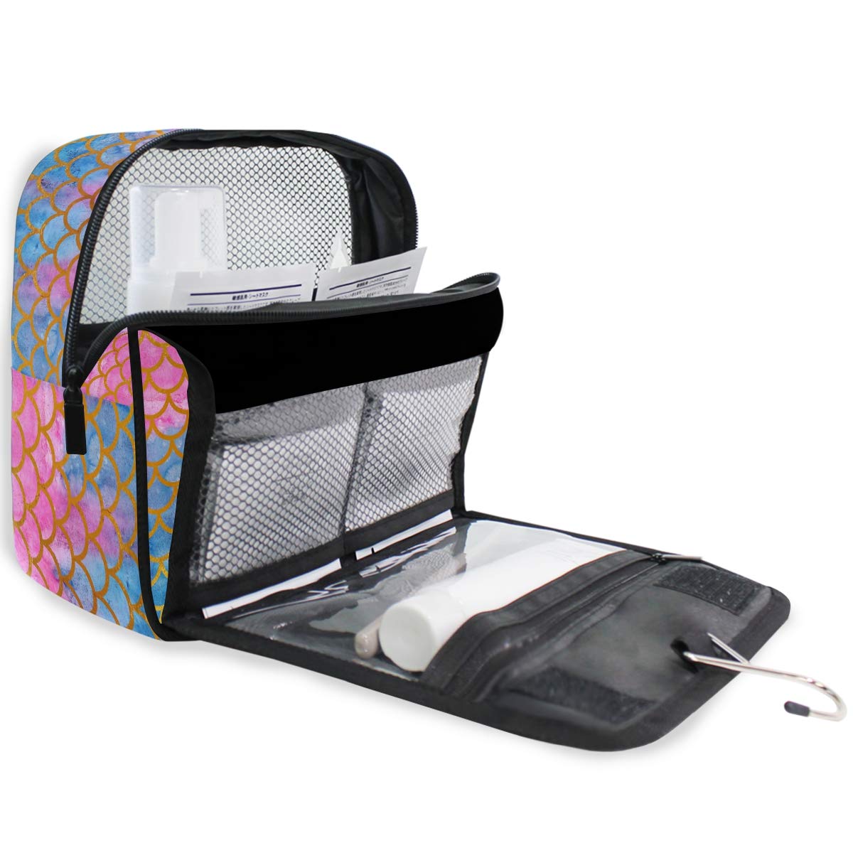 AGONA Hanging Toiletry Bag - Watercolor Mermaid Scales Design, Gold & Pink Travel Cosmetic Organizer for Women & Men | Portable Makeup Pouch with Sturdy Hook | Perfect for Bathroom, Gym, Camping & Vacation Trips