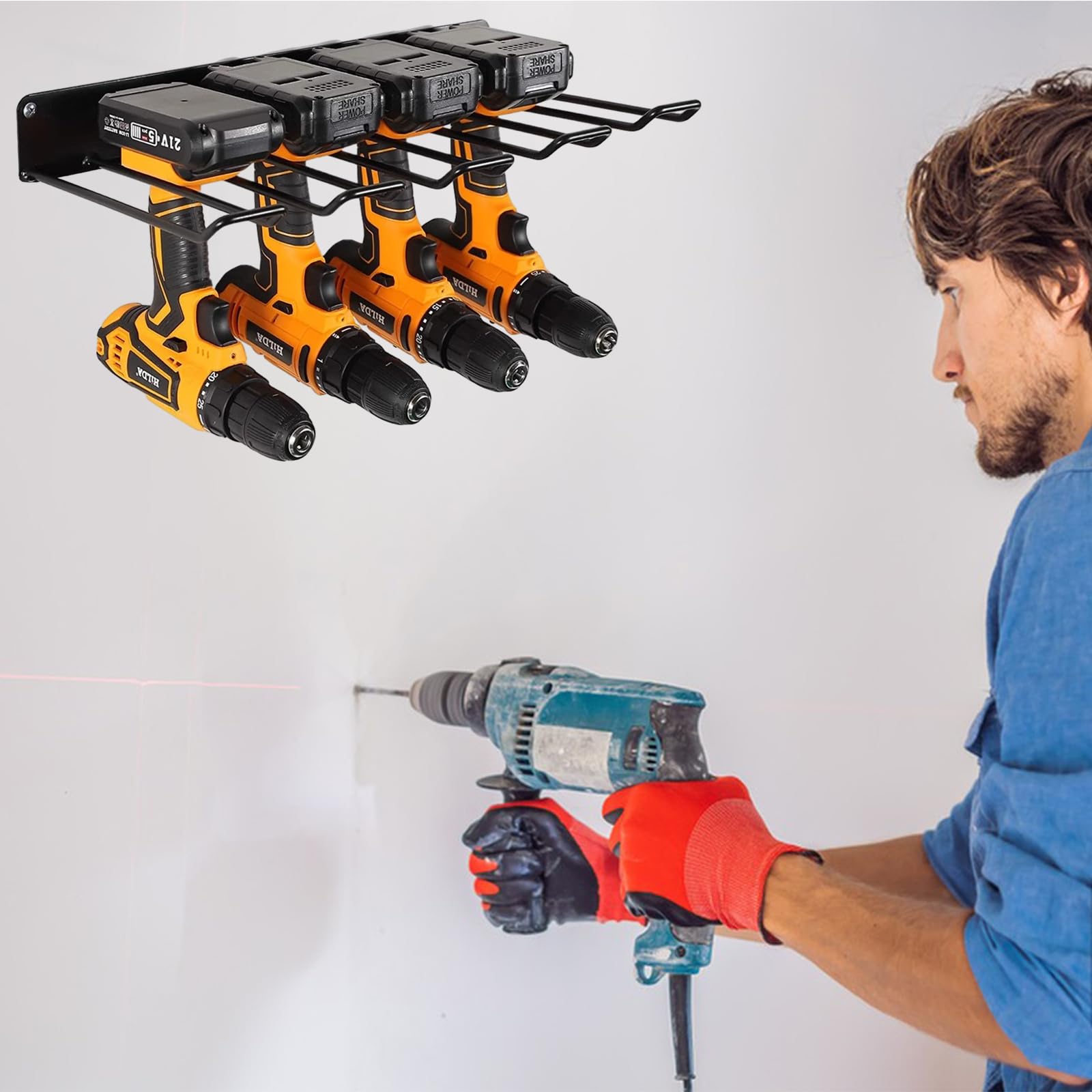 ZOFUN Wall Mounted Power Tool Organizer - 4 Slot Heavy Duty Garage & Workshop Storage Rack for Drills, Saws & More - Perfect for DIY Projects, Home Improvement & Professional Workspaces