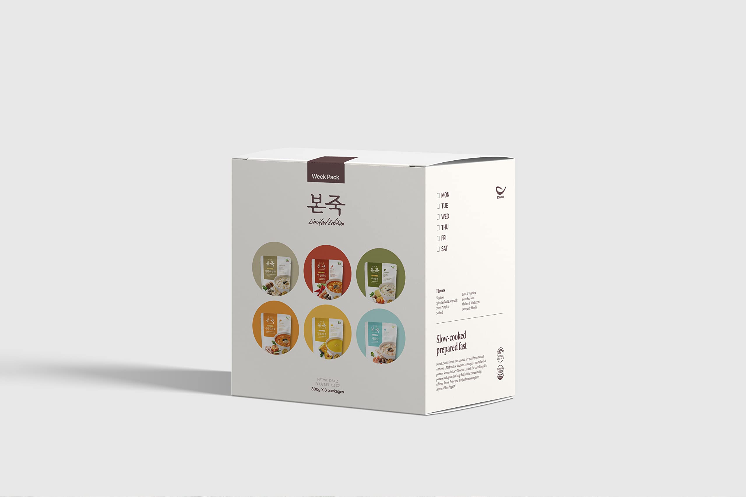 BONJUK Korean Rice Porridge 6-Day Meal Kit – 6 Pack (10.6oz Each) – Abalone Mushroom, Spicy Seafood Jjamppong, Vegetable, Octopus Kimchi, Sweet Pumpkin & Seafood Flavors – Quick Healthy Breakfast & Lunch for Busy Professionals