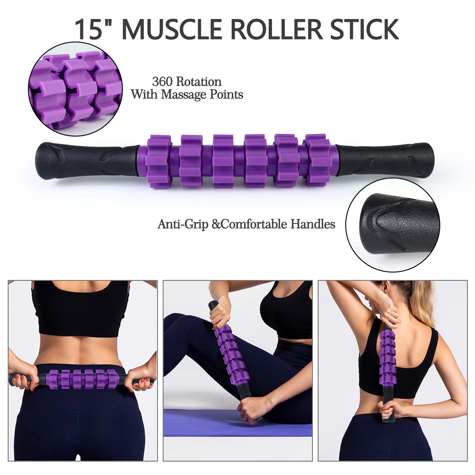 5 in 1 Foam Roller Set for Deep Tissue Massage - Trigger Point Foam Roller, Massage Roller Stick, Massage Ball & Stretching Strap - Perfect for Pilates, Yoga, Fitness & Full Body Recovery (Purple) - Ideal for Home Gym, Physical Therapy & Post-Workout Muscle Relief