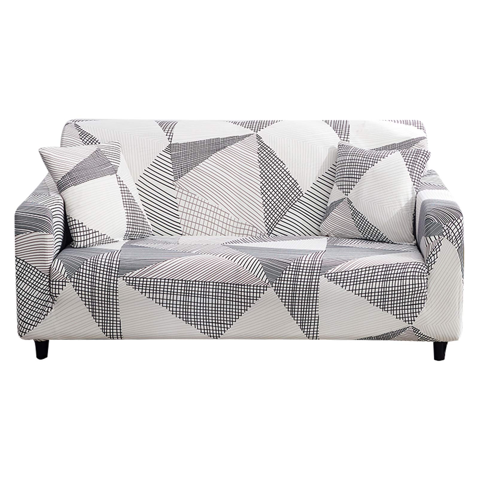 Stretch Sofa Covers Printed Couch Slipcovers - Elastic Universal Furniture Protector for 3 Cushion Couches with 1 Pillowcase (Large, White Geometric Pattern) - Perfect for Living Room, Bedroom, and Home Decor Protection