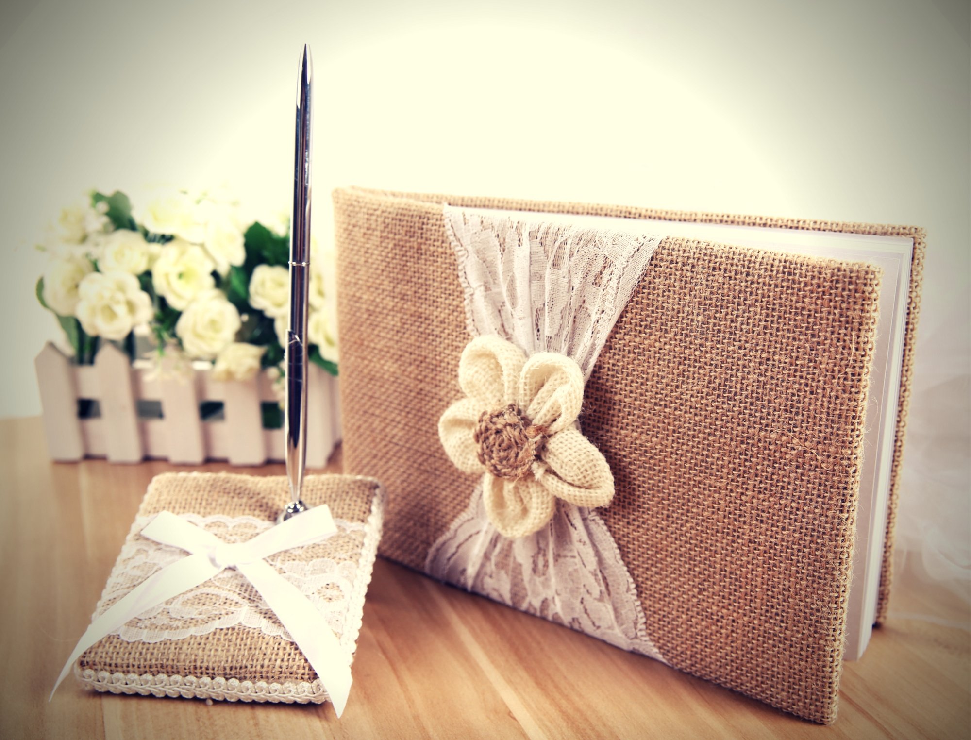 Rustic Wedding Guest Book with Burlap & Lace Cover - Includes Burlap Pen Holder & Silver Pen - 120 Lined Pages for Guest Messages - Elegant Gift Box (Petal Flower Design) - Perfect for Weddings, Anniversaries & Special Events