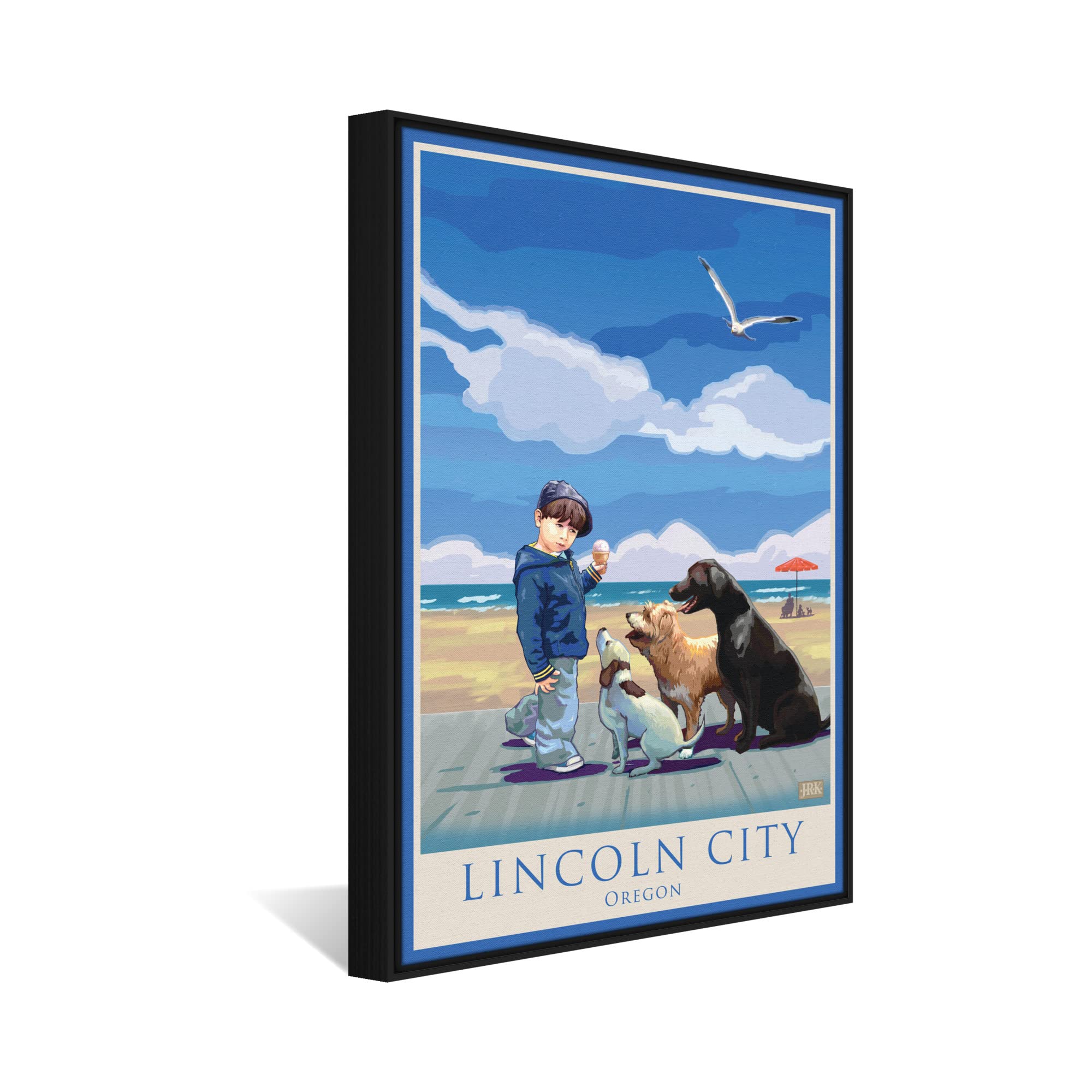 Lincoln City Oregon Dog Snacks Art - Professionally Framed Giclee Canvas Wall Decor 24x36 inches - Pet Lover Gift for Living Room, Bedroom & Office - by Artist Joanne Kollman