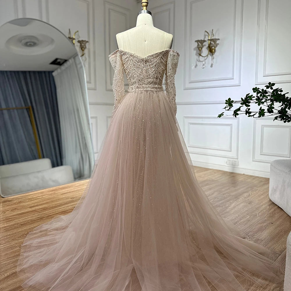Luxury Dubai Nude Mermaid Evening Gown with Beaded Detachable Skirt - Formal Dress for Weddings, Galas & Special Occasions | LA72243A