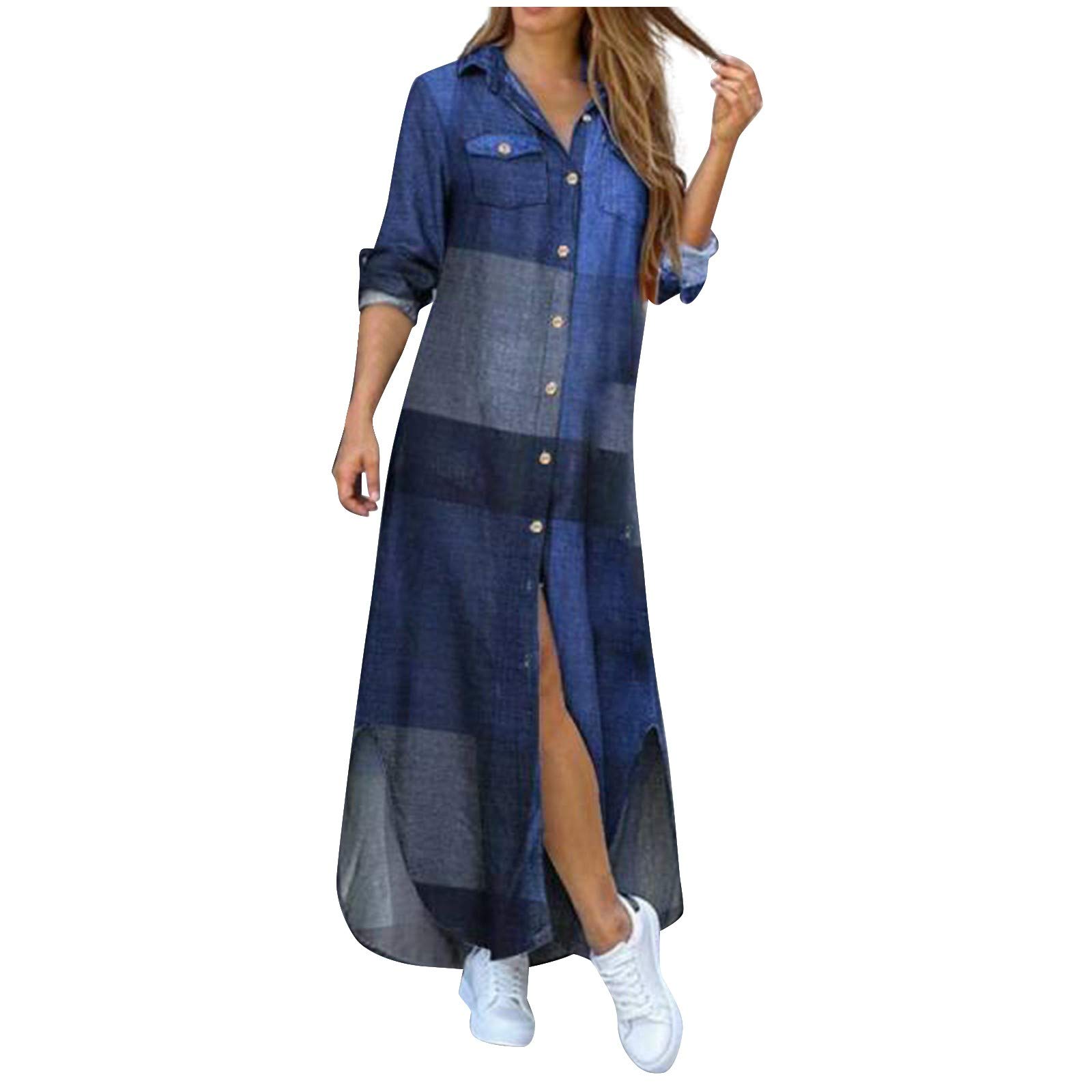Women's Button Down Long Sleeve Shirt Dress - Loose Fitted Maxi Dress with Pockets | Casual Flowy Long Dress for Everyday Wear, Office & Weekend Outings