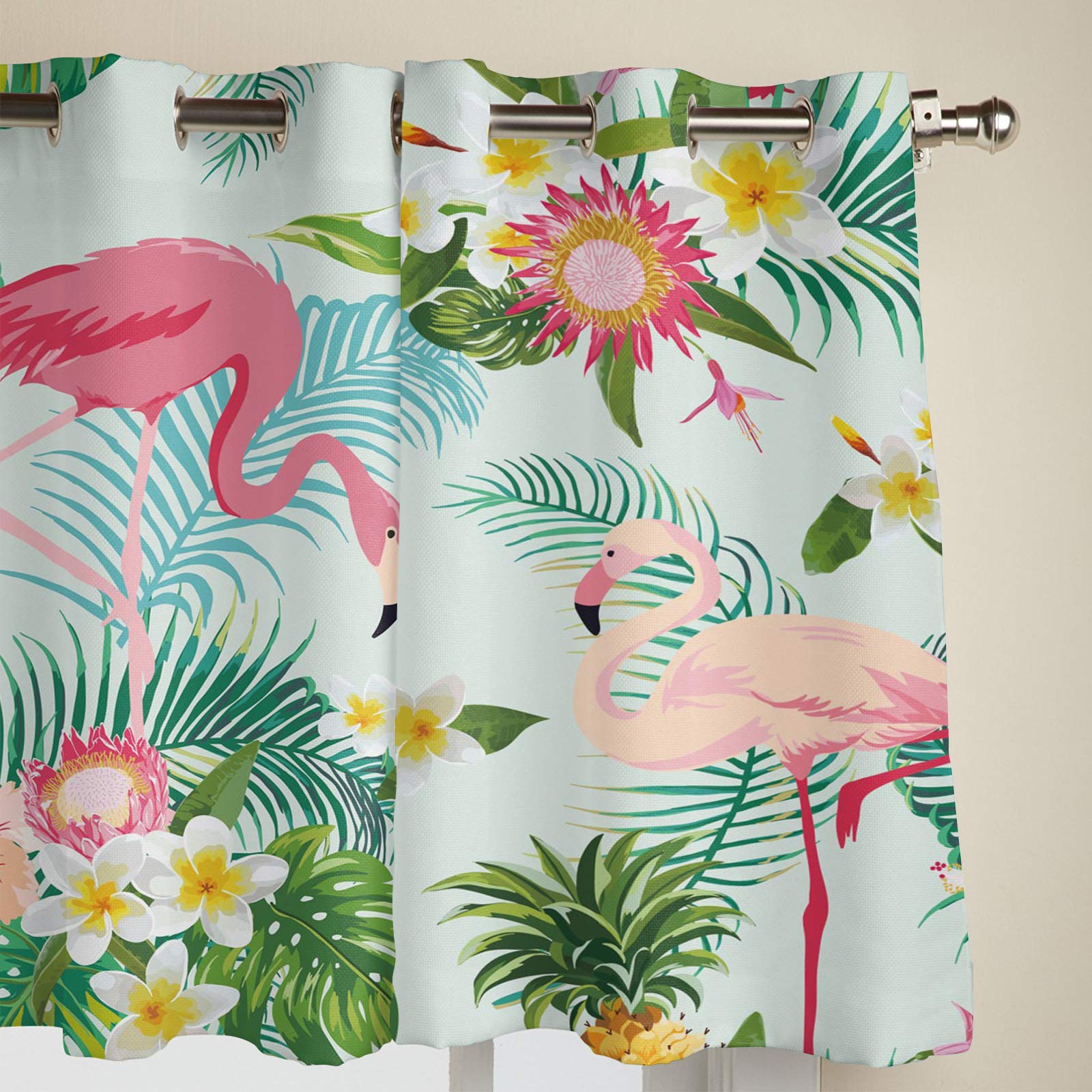 Blackout Curtains for Bedroom & Living Room - 2 Panels Tropical Palm Leaves Flamingo Window Drapes (52x84 Inch) | Grommet Panels for Light Blocking & Privacy | Perfect for Nursery, Home Theater & Shift Workers