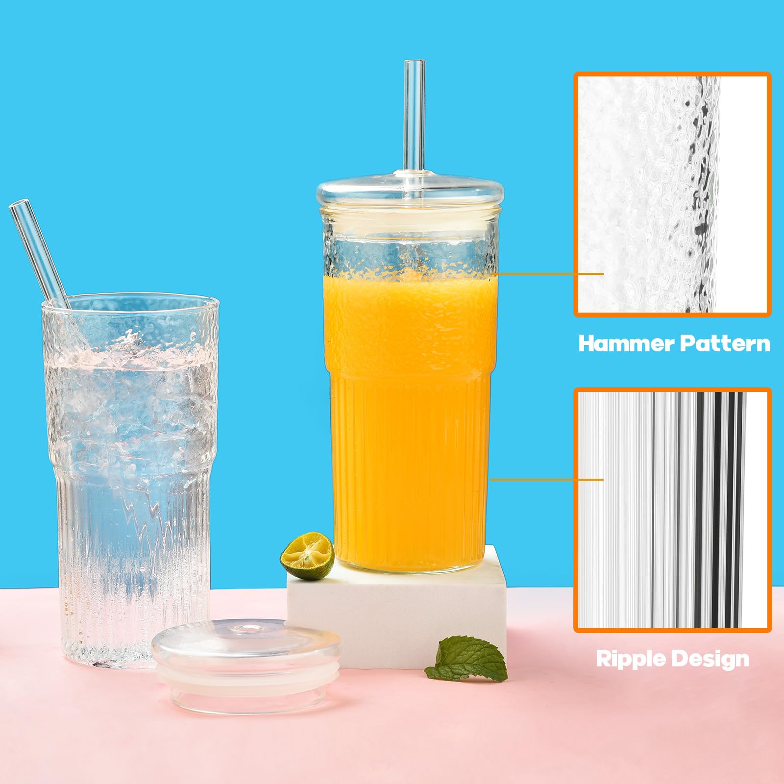 ALINK 22 oz High Borosilicate Glass Cups with Lids and Straws - Clear Iced Coffee Tumblers, Smoothie & Tea Drinking Glasses - Pack of 2 with Cleaning Brush - Perfect for Cold Brew, Iced Tea, and Refreshing Summer Drinks