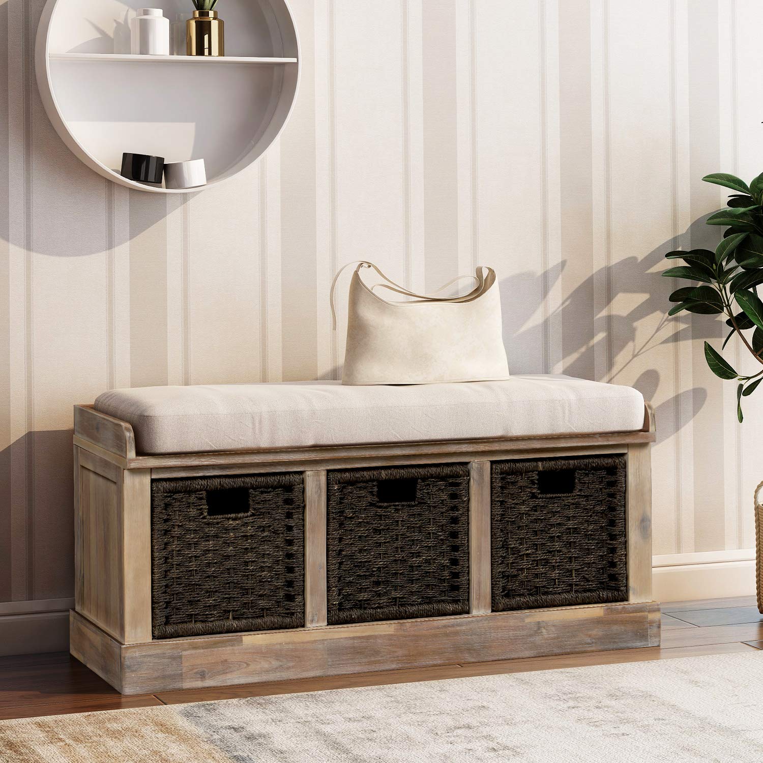 Merax Fully Assembled Entryway Storage Bench with 3 Removable Baskets & Cushion - Shoe Organizer for Hallway, Living Room - Perfect for Small Space Organization & Home Decor