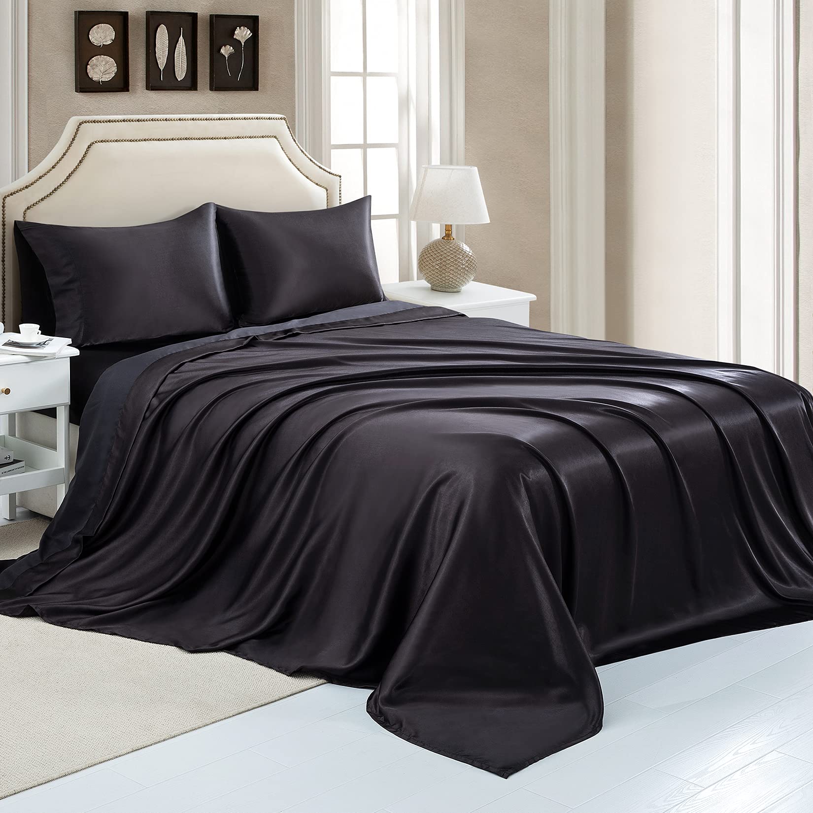 Luxury Satin King Flat Sheet - 1-Piece Black Bed Sheet, Extra Soft & Silky Smooth - Perfect for Hotel-Style Comfort in Bedrooms, Guest Rooms & Airbnb Stays