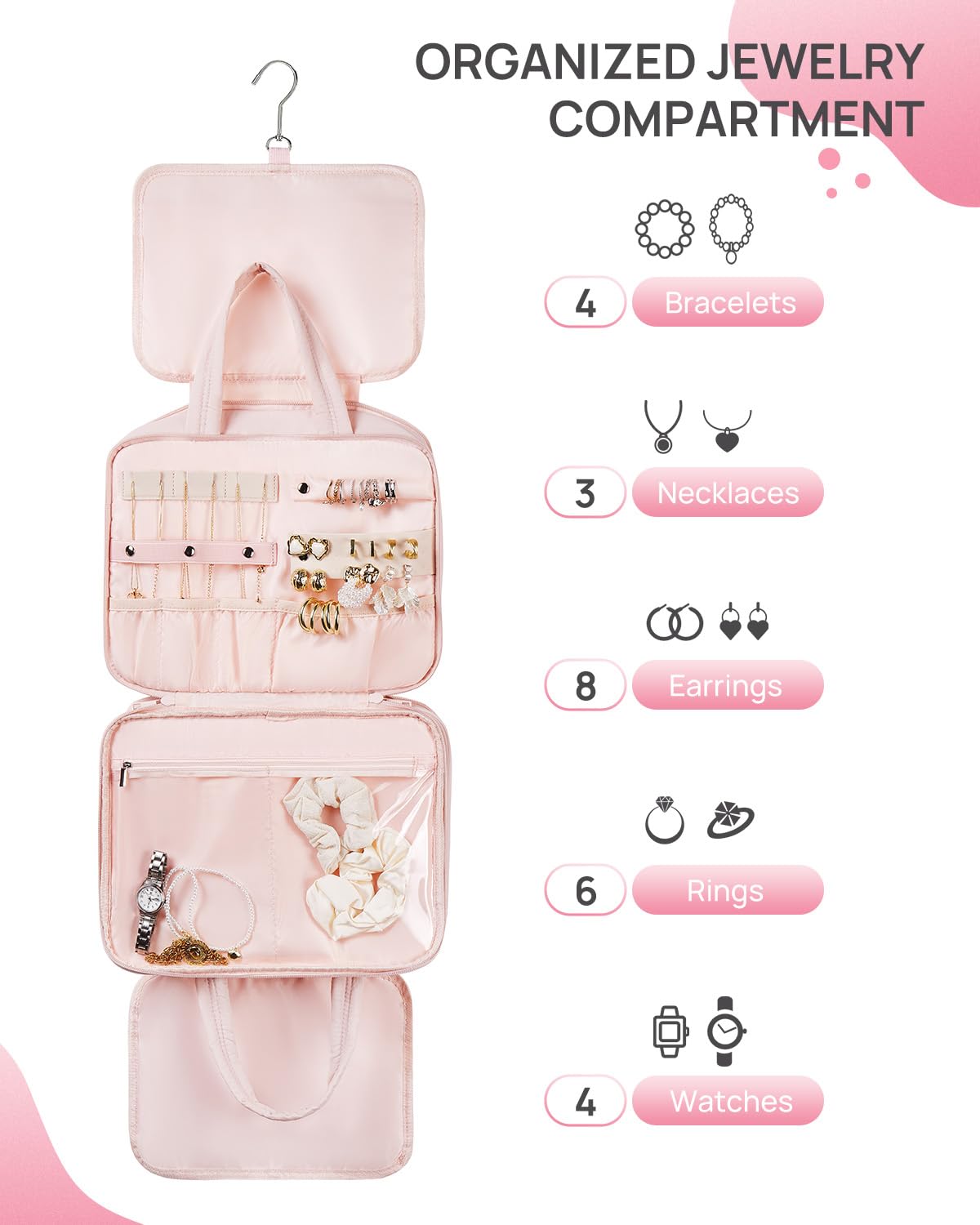 Telena Travel Toiletry Bag with Jewelry Organizer for Women - Waterproof Hanging Makeup Cosmetic Bag for Toiletries & Accessories - Perfect for Vacation, Business Trips & Gym Essentials Organization