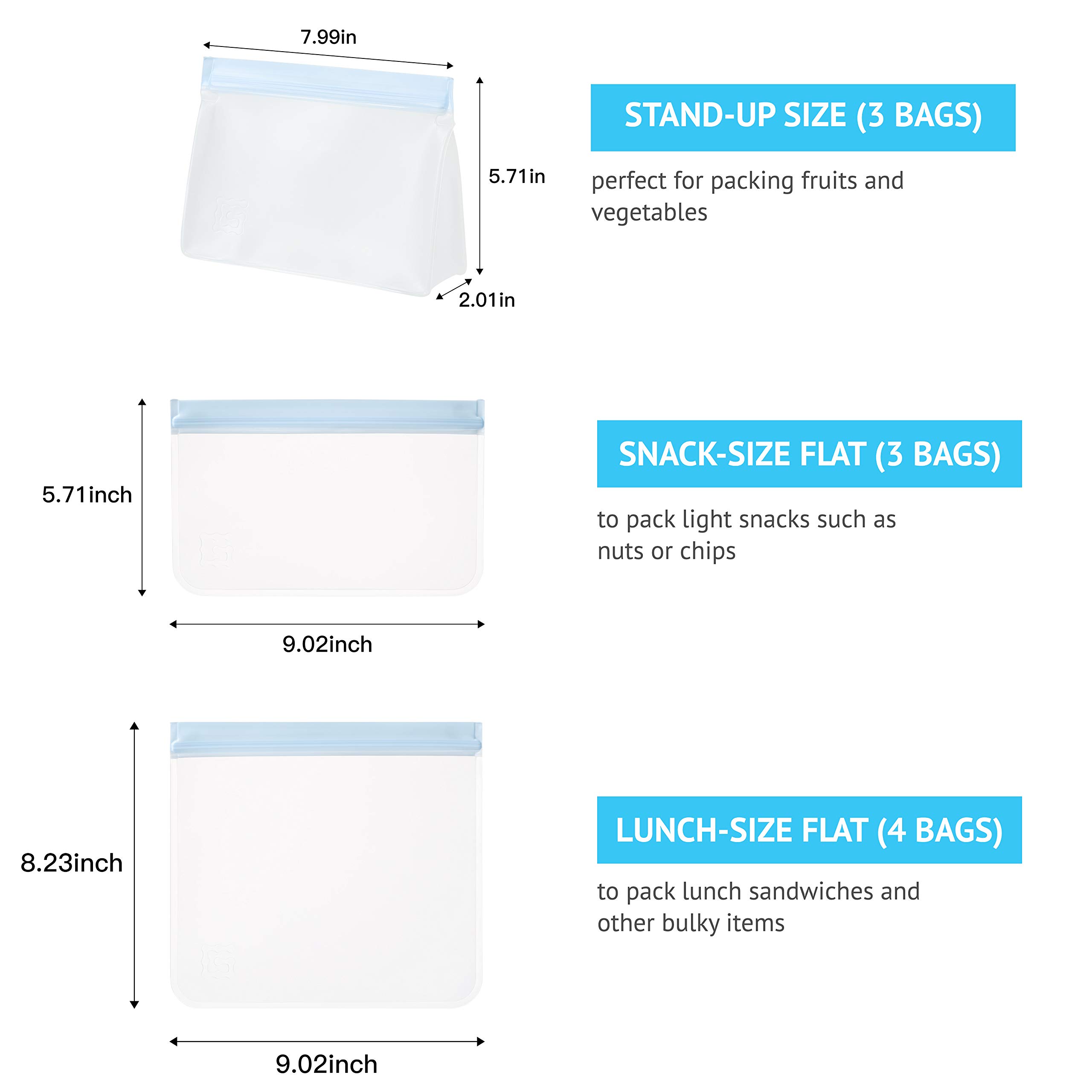 Premium Reusable Storage Bags Set of 10 - Leakproof Freezer Safe for Lunch & Snacks