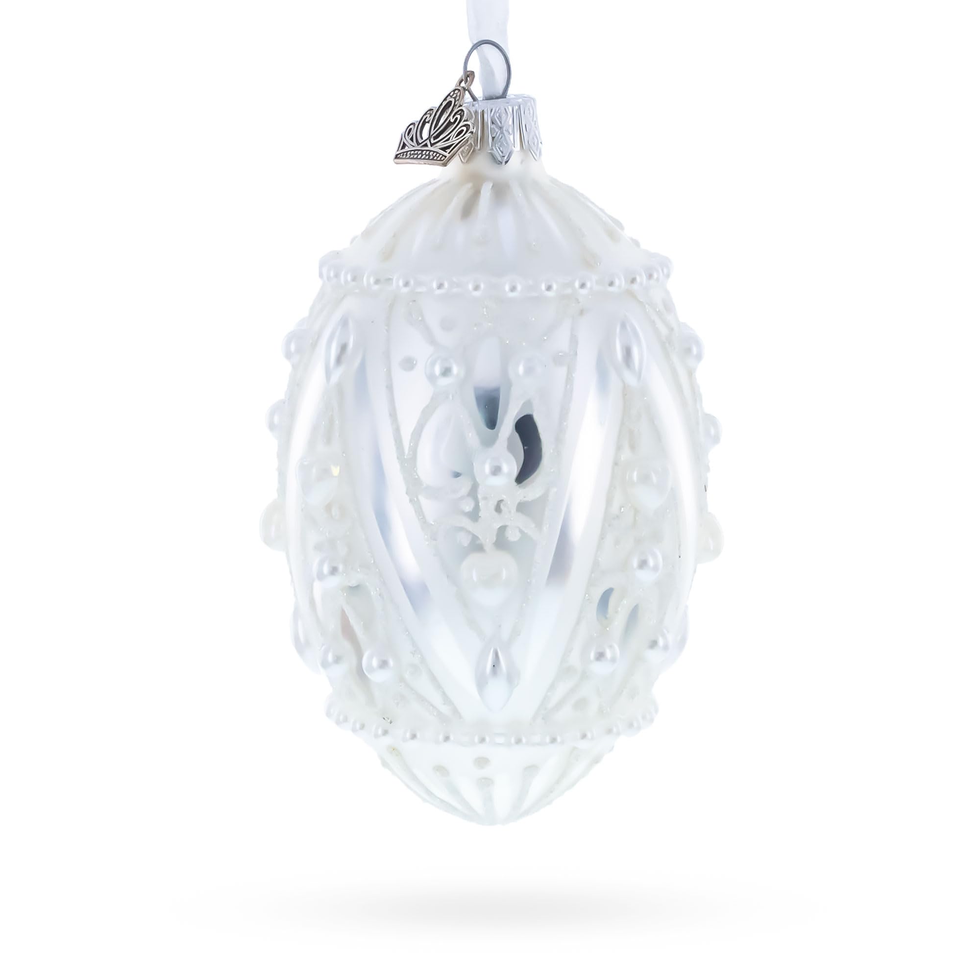 4 Inch White Glass Pearlized Drops Christmas Ornament - Elegant Holiday Tree Decor for Xmas, Winter, Wedding & Home Decoration