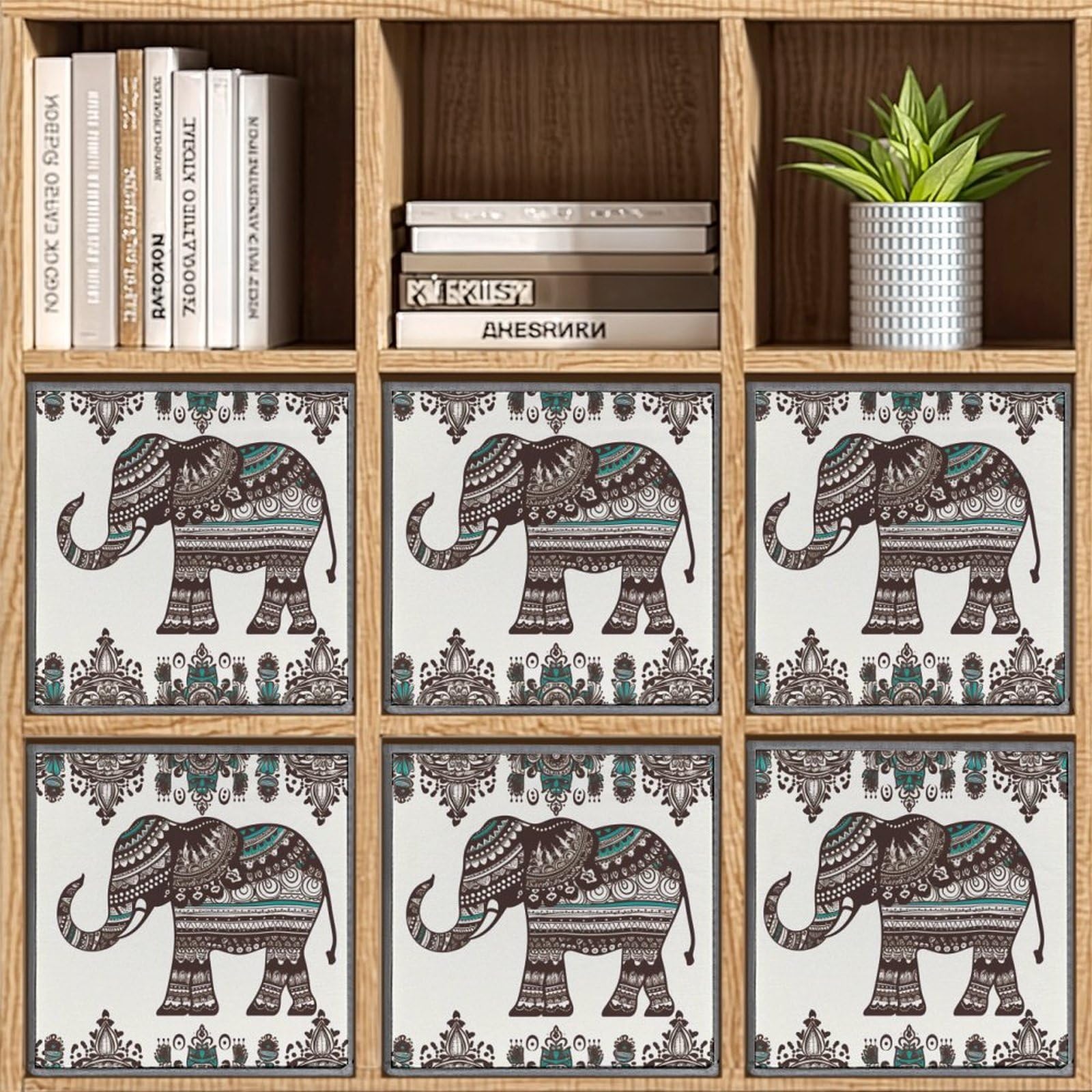 Bohemian Elephant Pattern Collapsible Storage Bins 6-Pack - Large Woven Storage Baskets with Handles for Closet, Bedroom & Nursery Organization - Perfect for Clothes, Toys, Blankets & Home Decor Storage