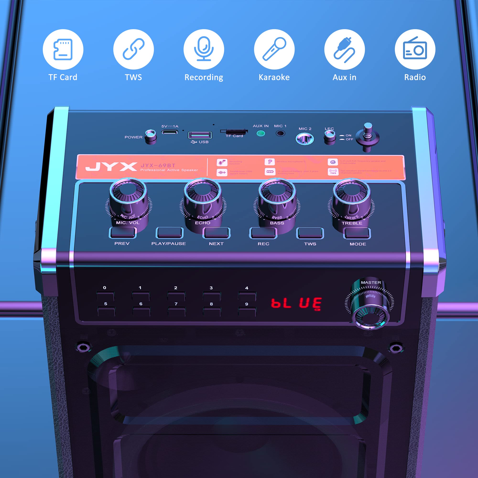 JYX Portable Karaoke Machine with 2 Wireless Microphones - Bluetooth Speaker with Bass/Treble Control, LED Lights, TWS, AUX, FM Radio & Recording - PA System with Remote Control for Home Parties, Family Gatherings & Kids Entertainment