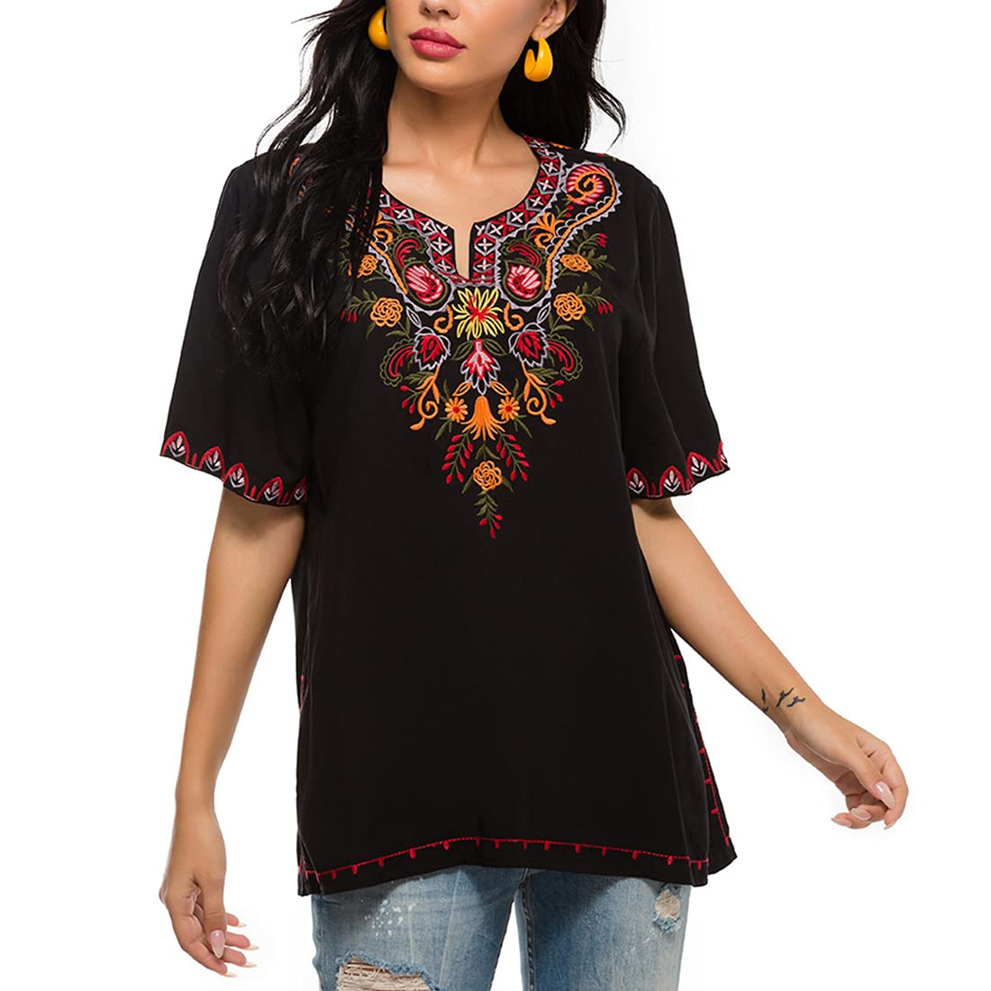 AK Women's Summer Boho Shirt - Mexican Embroidery Bohemian Blouse, Short Sleeve Casual Tunic Top for Beach, Festival & Vacation Wear