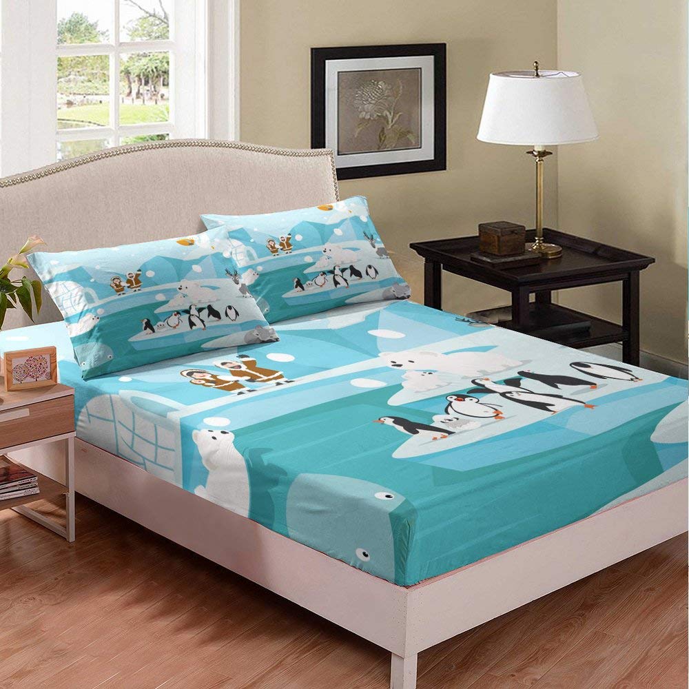 Glacier Deer Bear Kids Bedding Set - 3 Piece Microfiber Cartoon Animal Bed Sheets for Boys & Girls (Queen Size) | Soft Fitted Sheet, Pillowcase & Duvet Cover | Perfect for Children's Bedroom, Nursery or Sleepovers