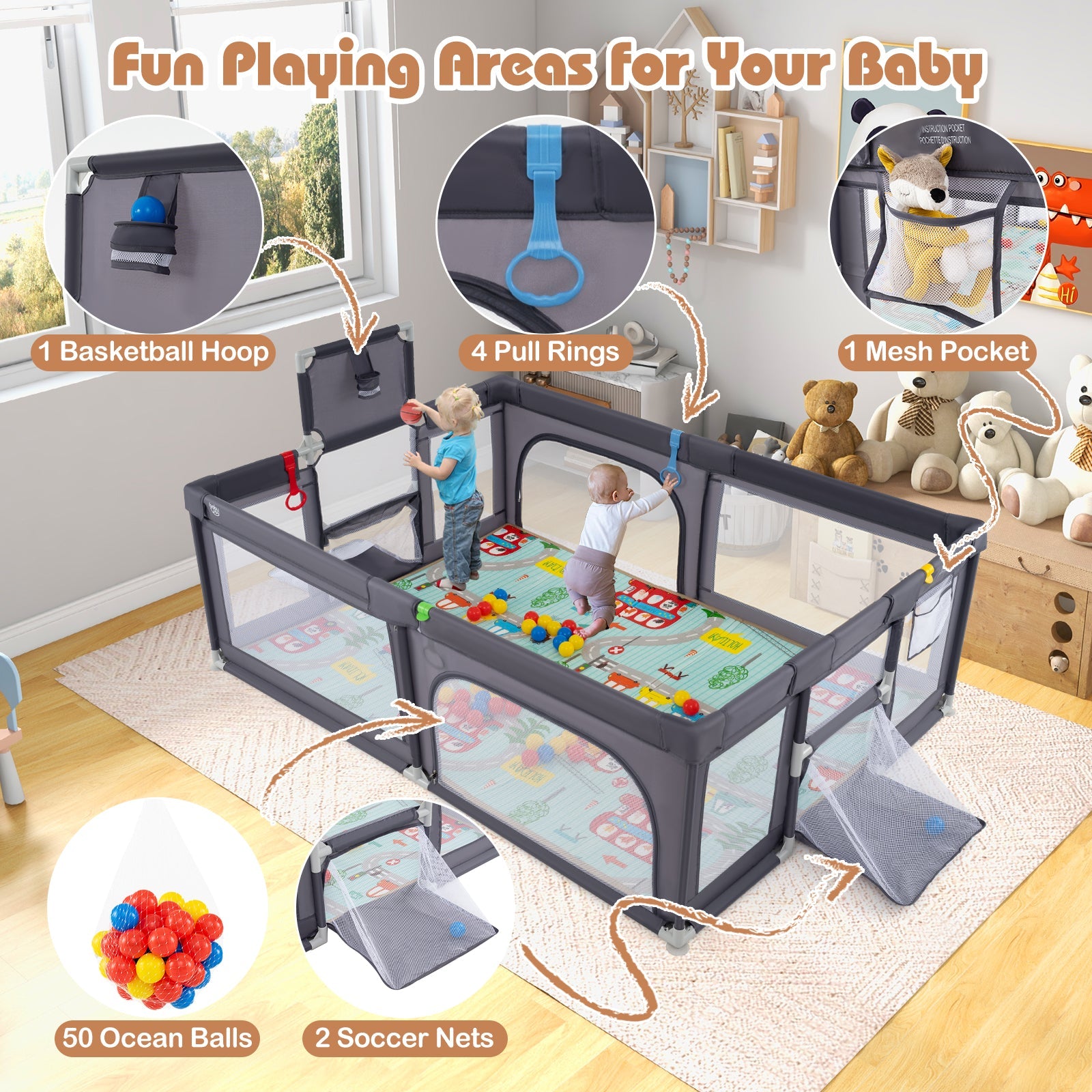 Large Baby Playpen with Soft Mat & Ocean Balls - Dark Gray - Safe Play Area for Toddlers & Infants - Perfect for Indoor Playtime, Nursery, and Daycare Centers