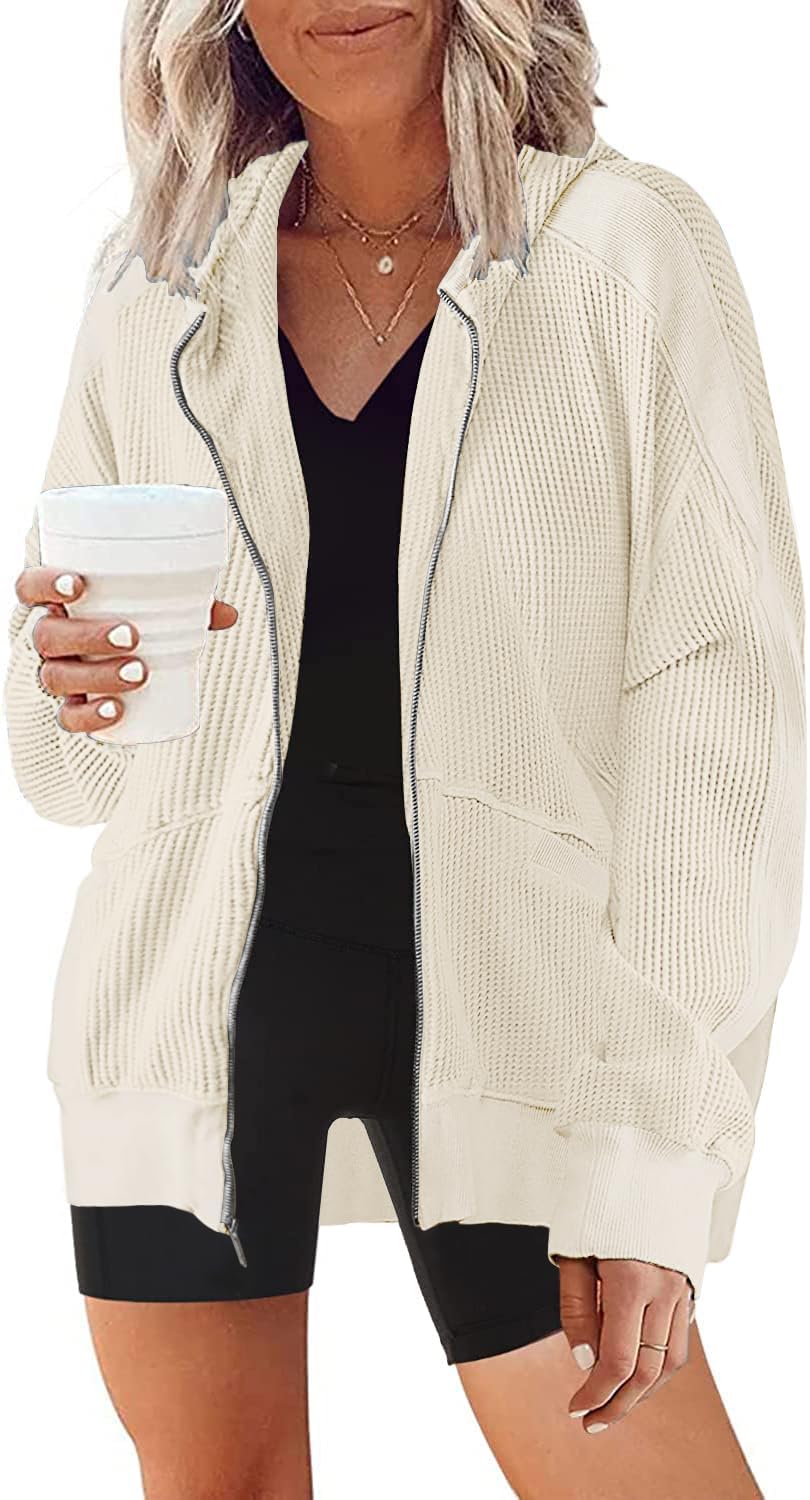 Women's Oversized Waffle Knit Zip-Up Hoodie Jacket - Long Sleeve Shacket Blouse with Pockets | Casual Loungewear, Fall Layering & Streetwear Outfits