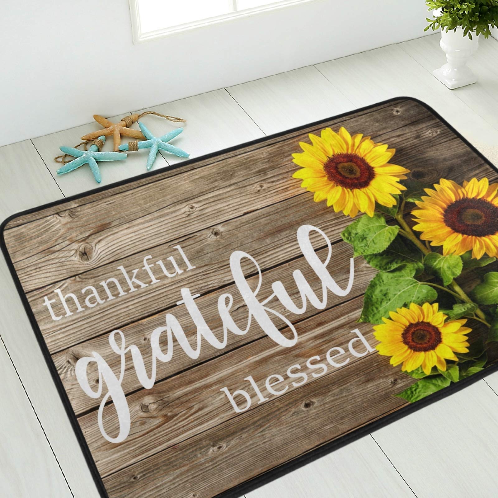 Non-Slip Sunflower Welcome Mat 23x16 Inches - Grateful Blessed Indoor Floor Mat for Entryway, Kitchen & Bathroom - Fall Home Decor Rug for Cozy Autumn Vibes