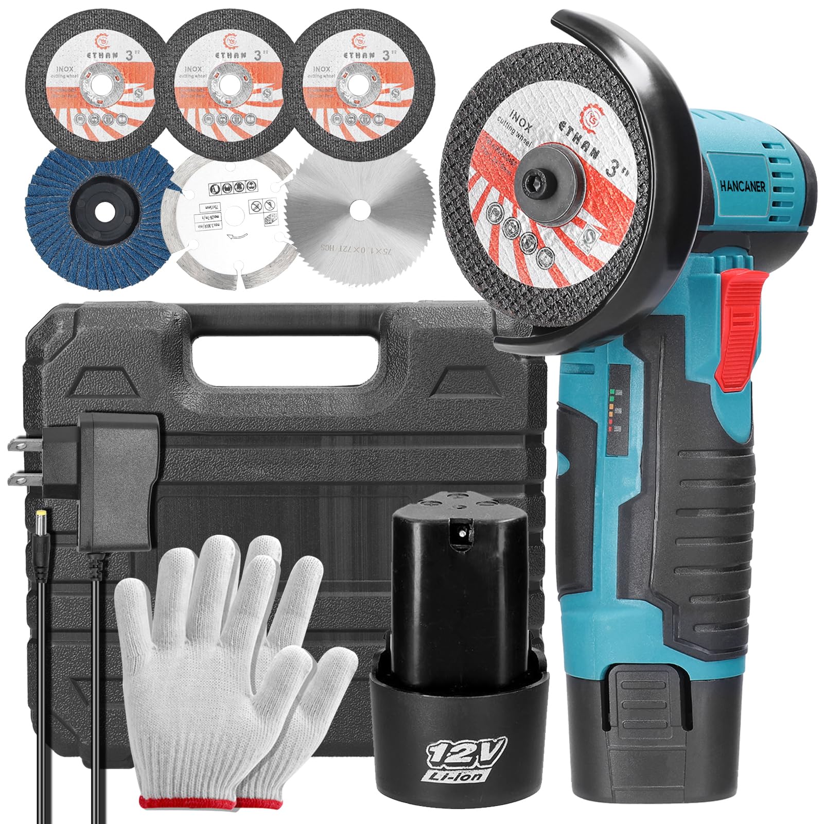 Hancaner 12V Cordless Angle Grinder with 2PCS 2000mAh Battery | 19500 RPM Mini Electric Grinder for Cutting, Polishing & Grinding | Perfect for Tile, Wood, Stone & Metal Work | DIY Projects & Professional Use