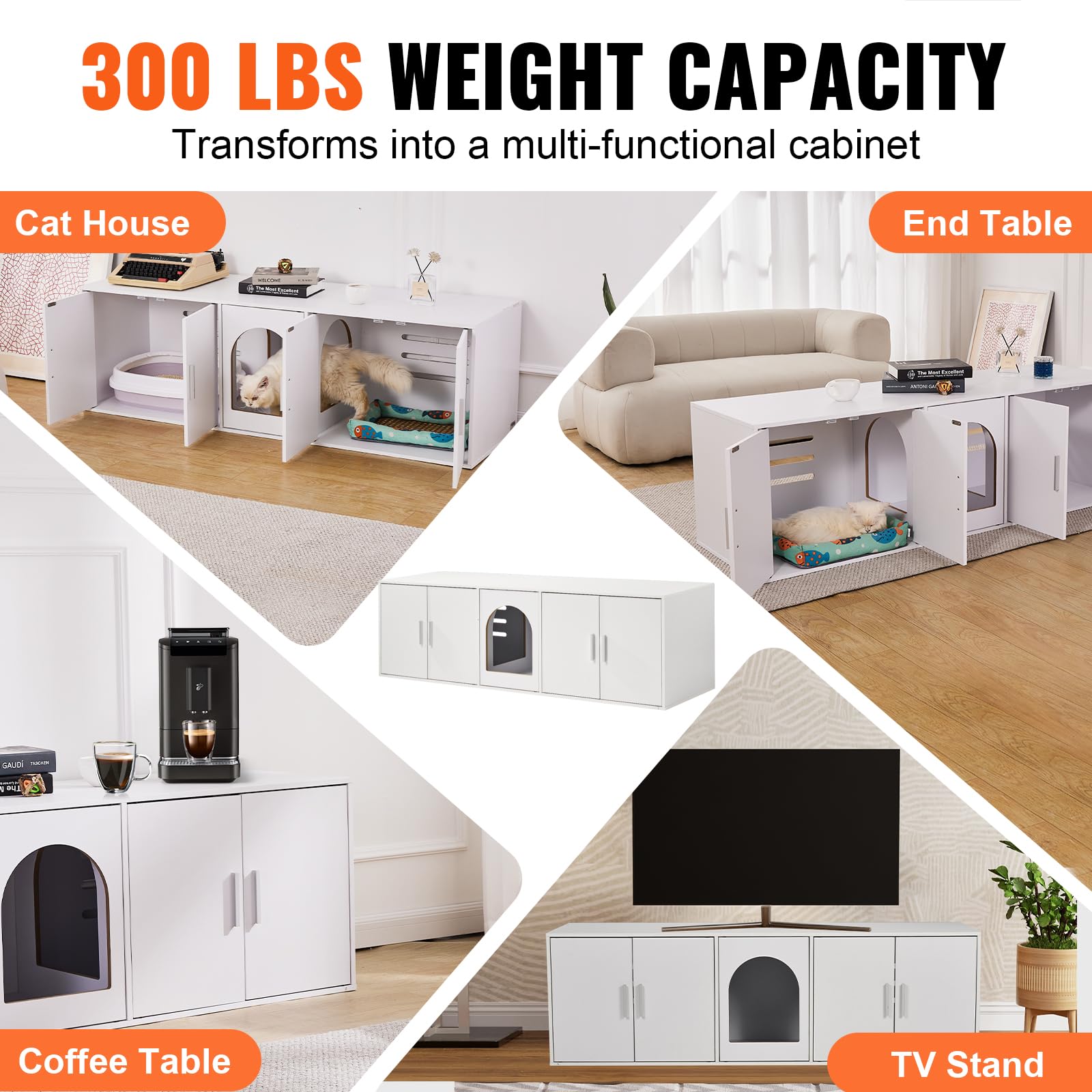 VEVOR Double Cat Litter Box Enclosure Furniture - Hidden Wooden Cabinet for 2 Cats with 2 Rooms, Fits Most Litter Boxes (57.9