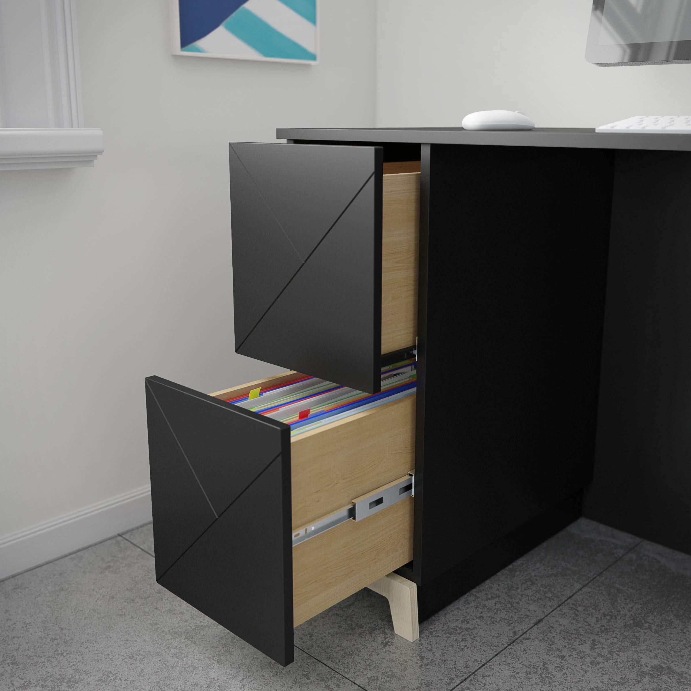 Nexera 608106 Atypik 2-Drawer Birch Plywood Desk in Black & Beige | Modern Home Office Furniture for Small Spaces & Workstations