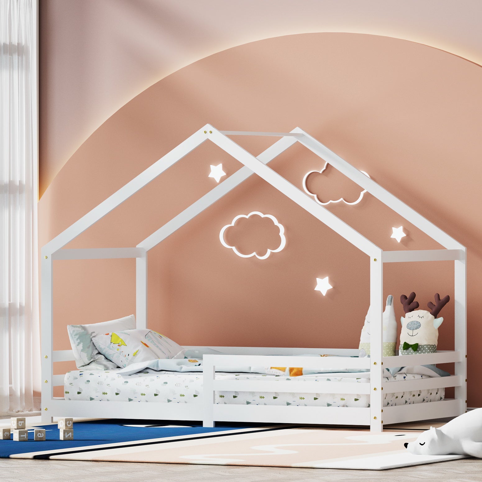 Amos White House Shaped Solid Wood Bed Frame - Queen Size, Sturdy & Elegant Design for Bedroom, Guest Room or Kids Room