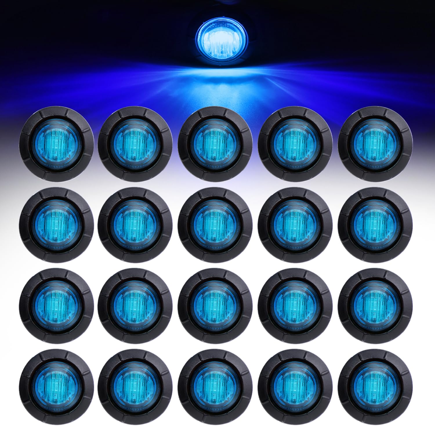 20 Pcs 3/4 Inch Small Round Blue LED Side Marker Lights - Universal Fit for Trailer, Truck, RV, Tow Pickup - 12V DC, 3 LEDs per Light - Waterproof Clearance Lights with Grommets - Perfect for Night Driving, Vehicle Safety & Road Visibility
