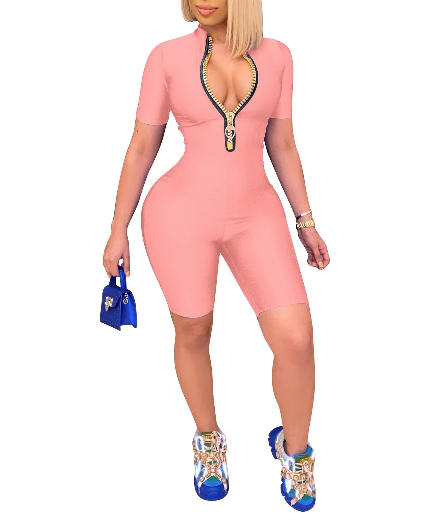 Sexy Women's Bodycon Jumpsuit with V-Neck & Long Sleeves - Rich Hold Zipper One Piece Outfit for Party, Club & Night Out
