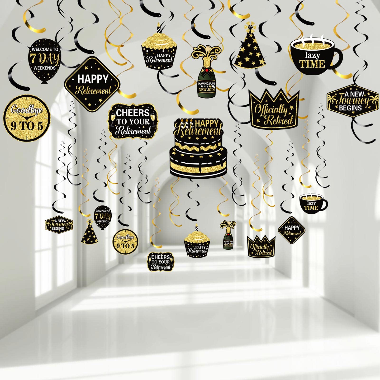Blulu 30-Piece Black & Gold Retirement Party Decorations Set - Hanging Swirls for Retirement Celebrations (Men & Women) - Perfect for Office Farewell Parties, Retirement Home Decor & 2025 Milestone Events