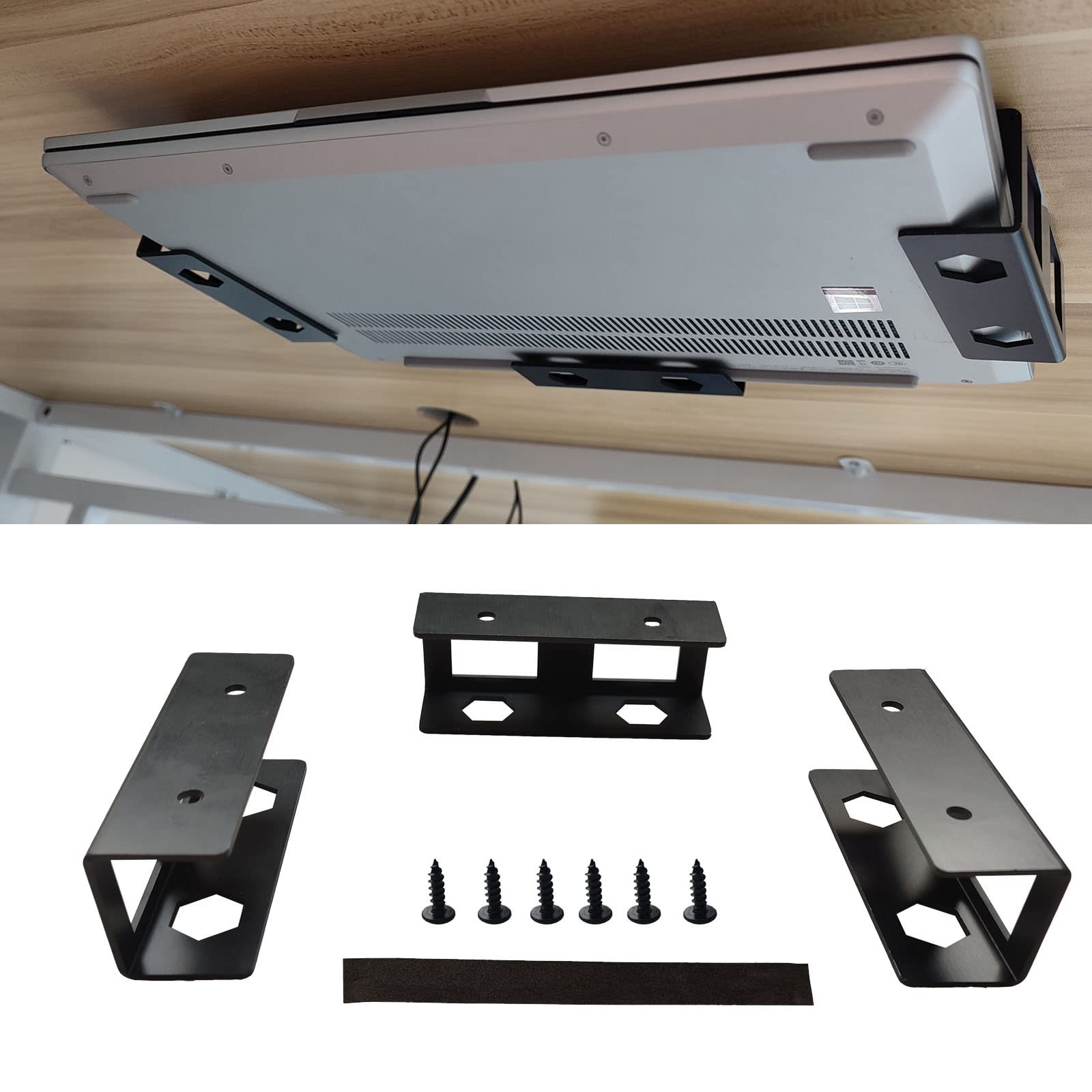 PIAOLGYI Black Under Desk Laptop Holder Mount with Screws - Adjustable Under Desk Laptop Mount Bracket for Laptop/Keyboard Storage (3-Piece Set) - Perfect for Home Office, Gaming Setup & Workspace Organization
