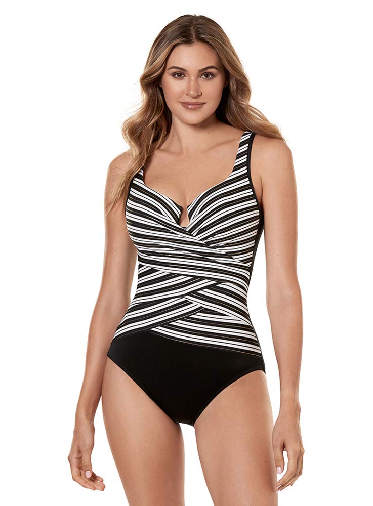 Miraclesuit Women's One Piece Swimsuit - Tummy Control Swimwear with Sweetheart Neckline & Layered Design | Black/White | Size 12 | Perfect for Pool Parties, Beach Vacations & Summer Getaways