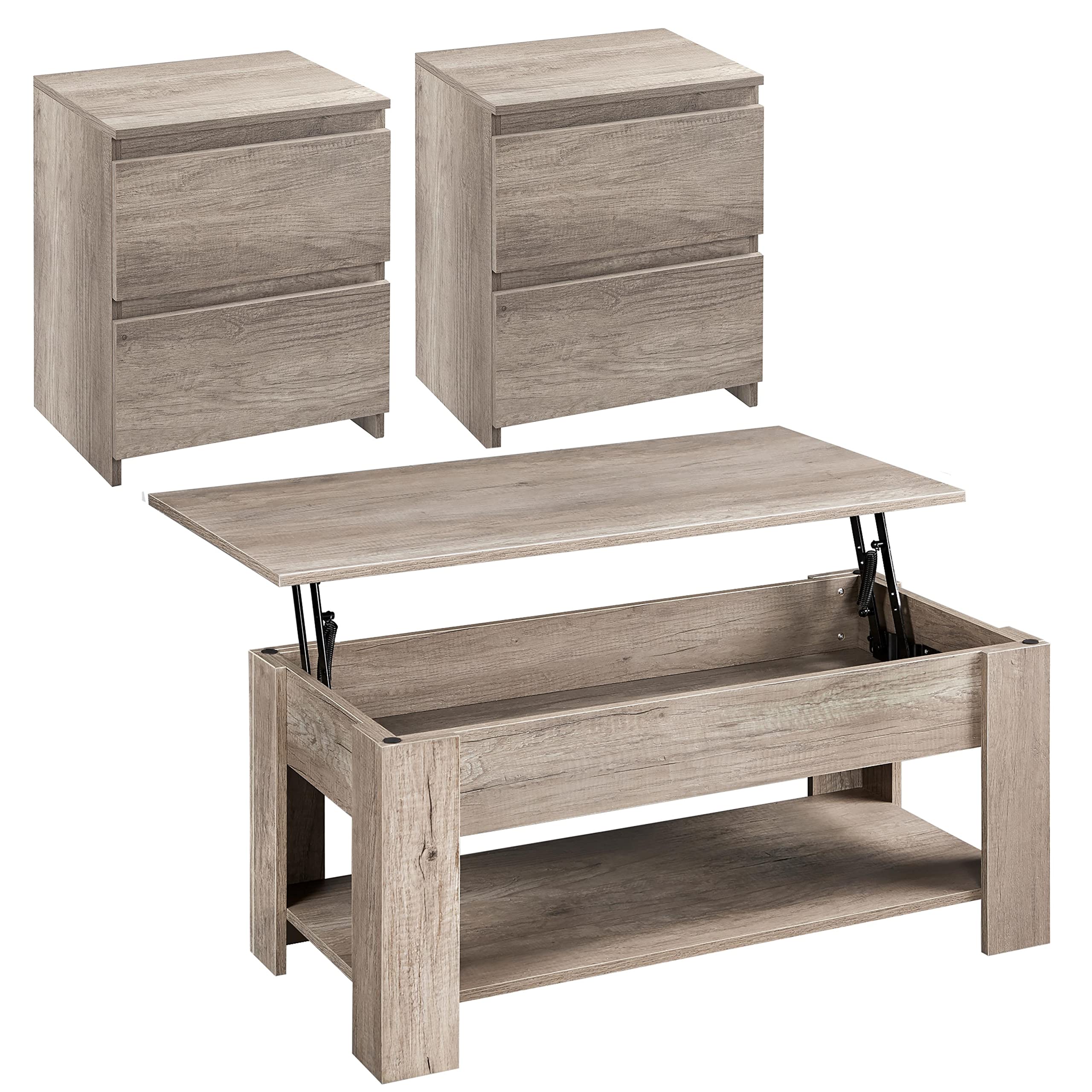 Topeakmart 3-Piece Lift Top Coffee Table Set with 2 Drawers - Rustic Gray Lift-Up Coffee Table & 2 End Tables for Living Room, Small Space & Home Decor