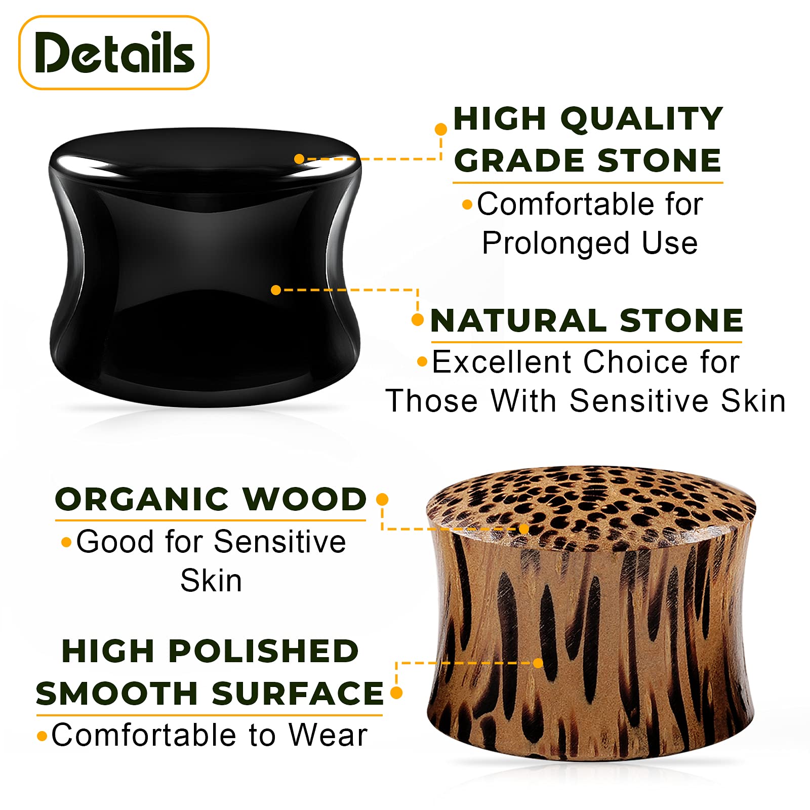 2 Pairs Black Onyx Organic Stone Wood Double Flared Saddle Ear Stretchers - Natural Wood & Stone Ear Plugs for Stretched Earlobes - Perfect for Daily Wear, Yoga, and Boho Fashion