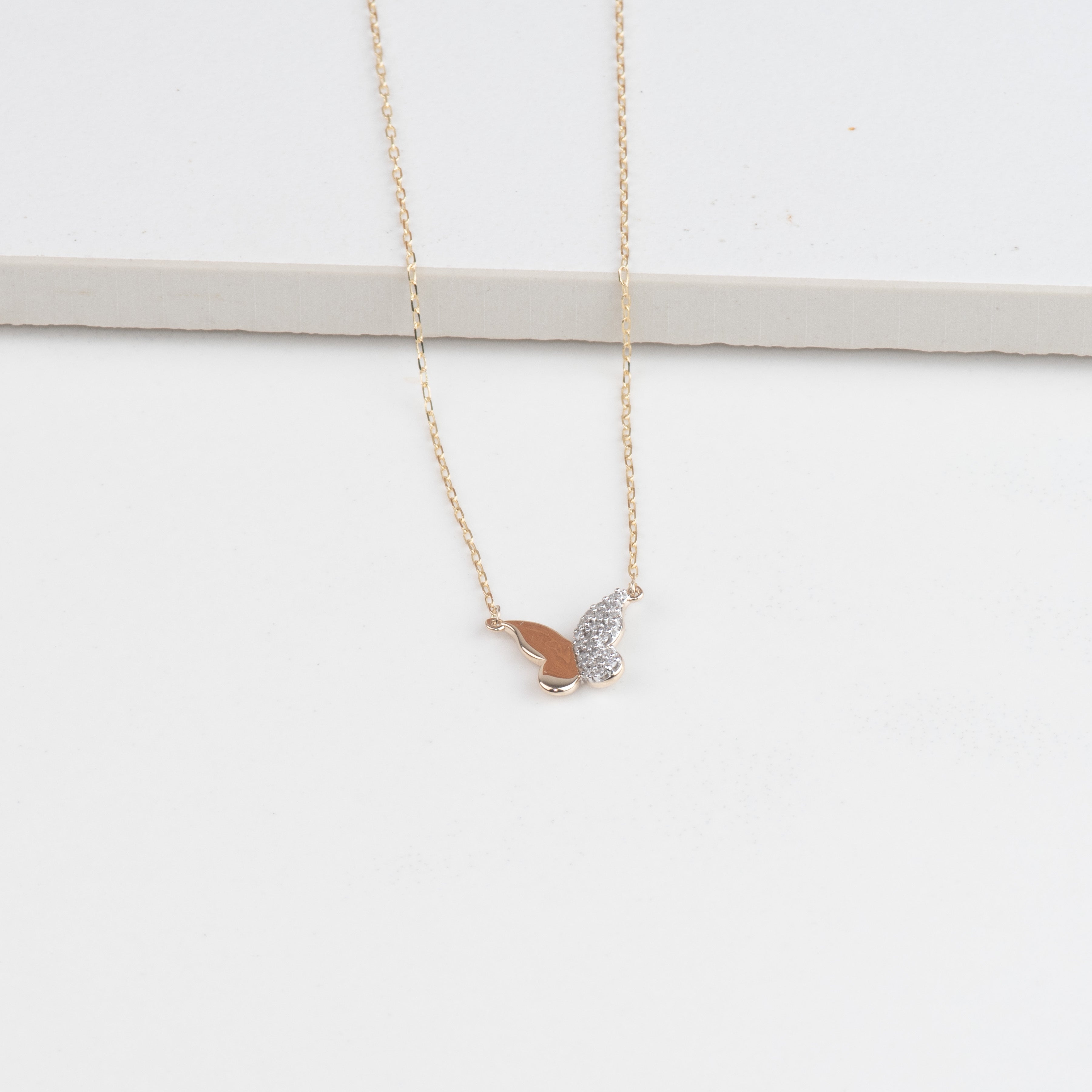 10k Yellow Gold Half Diamond Pave Butterfly Pendant Necklace - Elegant Jewelry Gift for Women, Perfect for Valentine's Day, Anniversary & Special Occasions