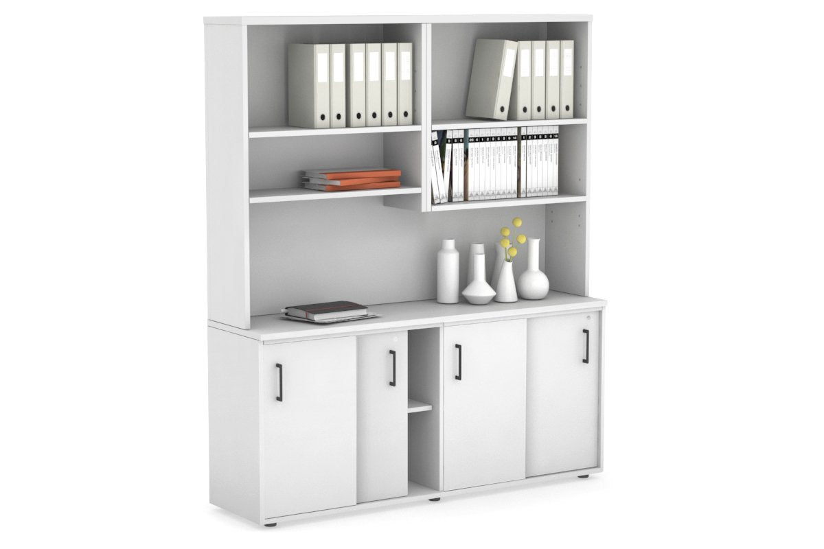 Modern White Sliding Door Credenza with Open Hutch - 1600W x 750H x 450D - Perfect for Home Office, Living Room & Bedroom Storage Organization
