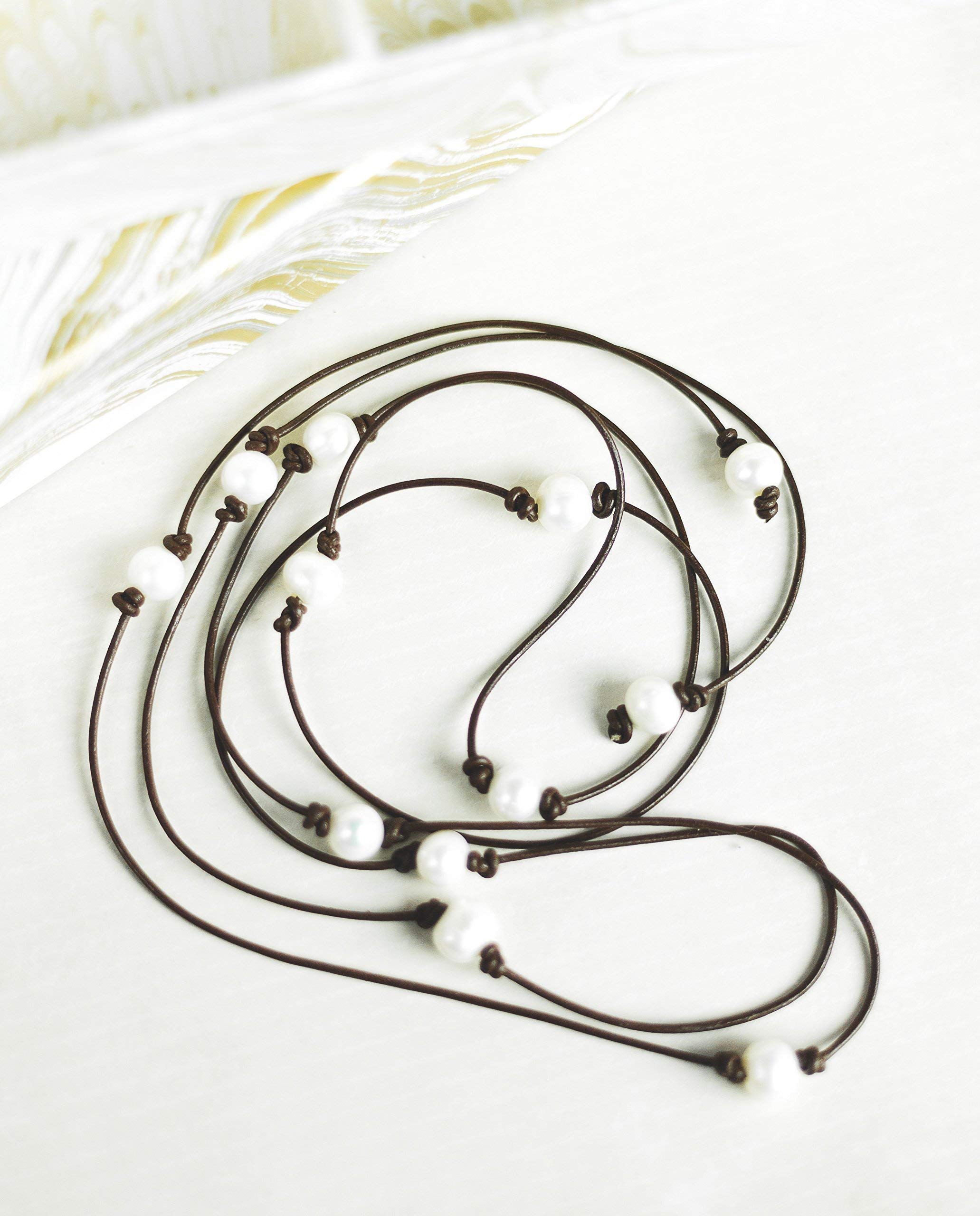 Elegant Brown Leather & White Pearl Lariat Long Necklace for Women | Boho Chic Layered Statement Jewelry | Perfect for Weddings, Date Nights & Office Wear