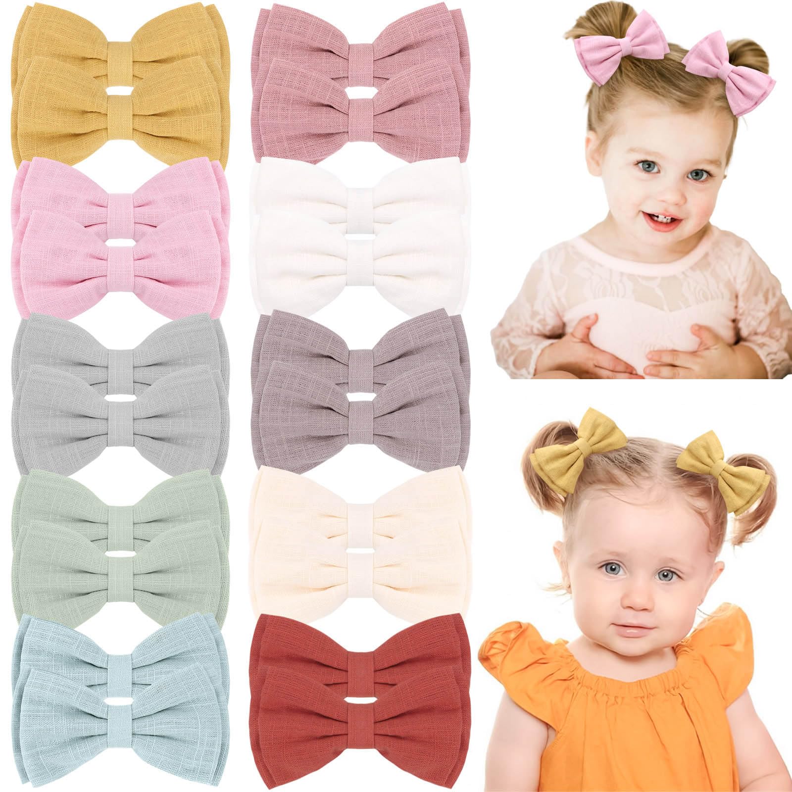 OAOLEER 20Pcs 3.5 Inch Neutral Linen Hair Bows Clips for Baby Girls - Double Bun Ponytail Bow Hair Barrettes for Infants, Toddlers & Kids (Linen Bows-B) | Perfect for Birthday Parties, Photo Shoots & Daily Outfits
