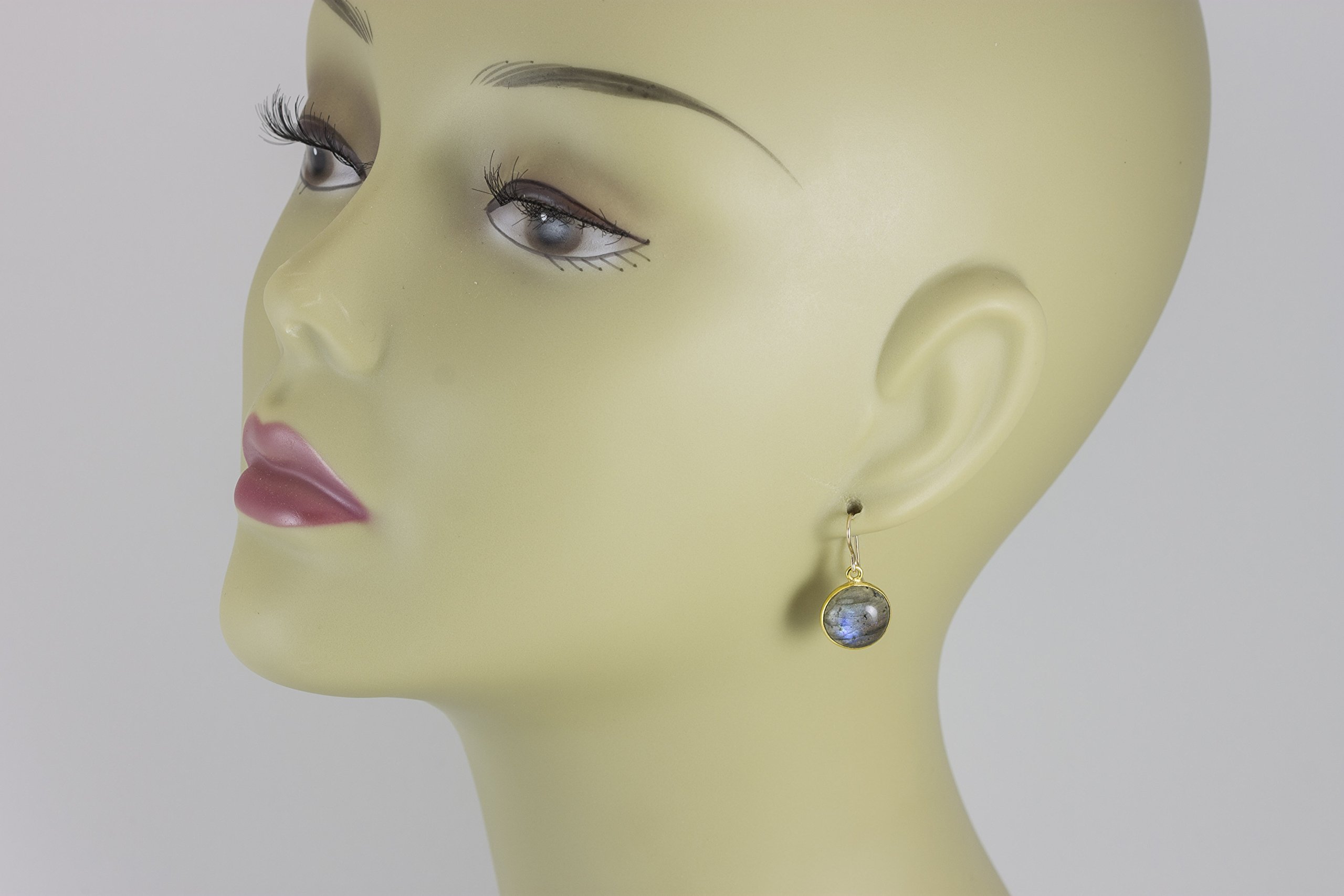 Labradorite Earrings Blue Smooth Cut Round Goldtone Bezel Set - Dainty Simple Small Drop Earrings for Women, Perfect for Casual Wear, Office & Everyday Jewelry
