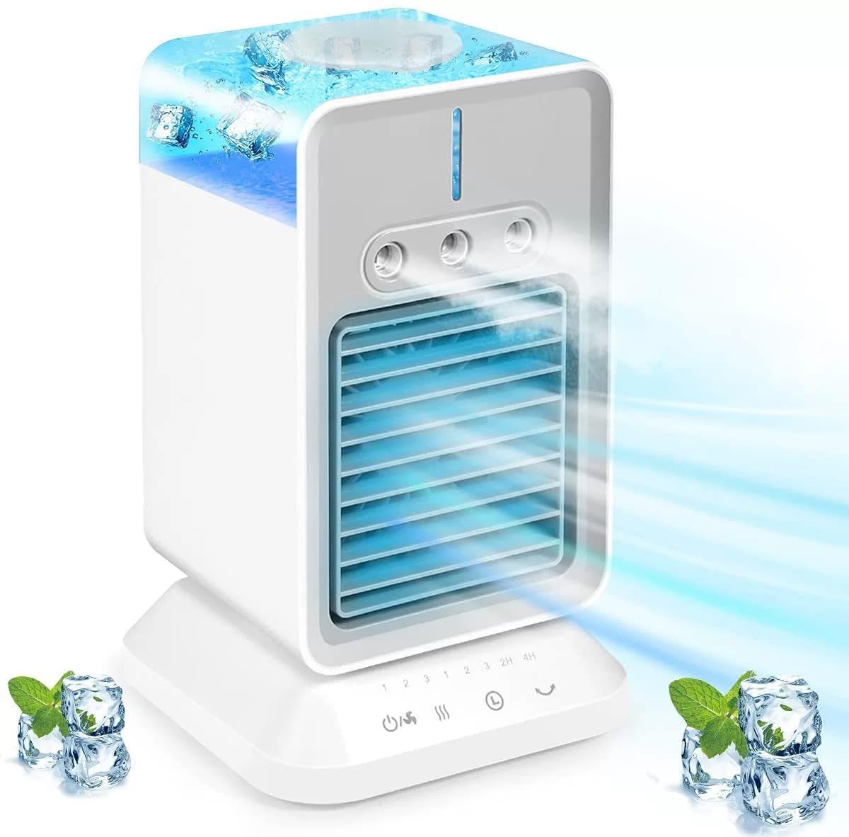 Portable 4-in-1 Evaporative Air Cooler with 3 Speed Settings, 3 Cool Mist Modes & 2-4H Timer - 90° Rotating Mini Desktop Cooling Fan for Home, Office, Bedroom, Camping & Car | Personal Space Cooler for Summer, Hot Weather & Indoor Use