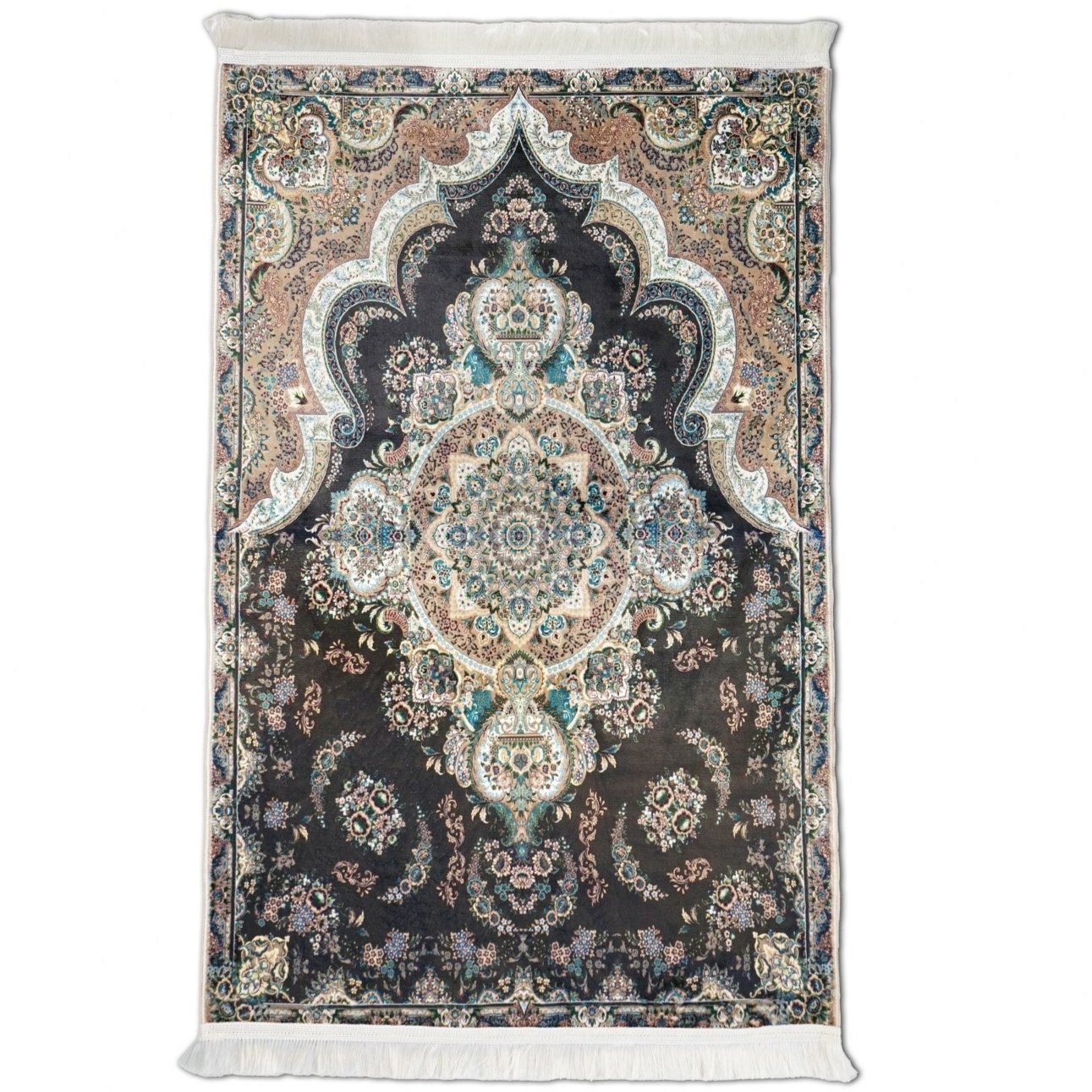Premium Muslim Prayer Rug - Black & Turquoise Traditional Floral Design Islamic Prayer Mat for Home & Mosque Use