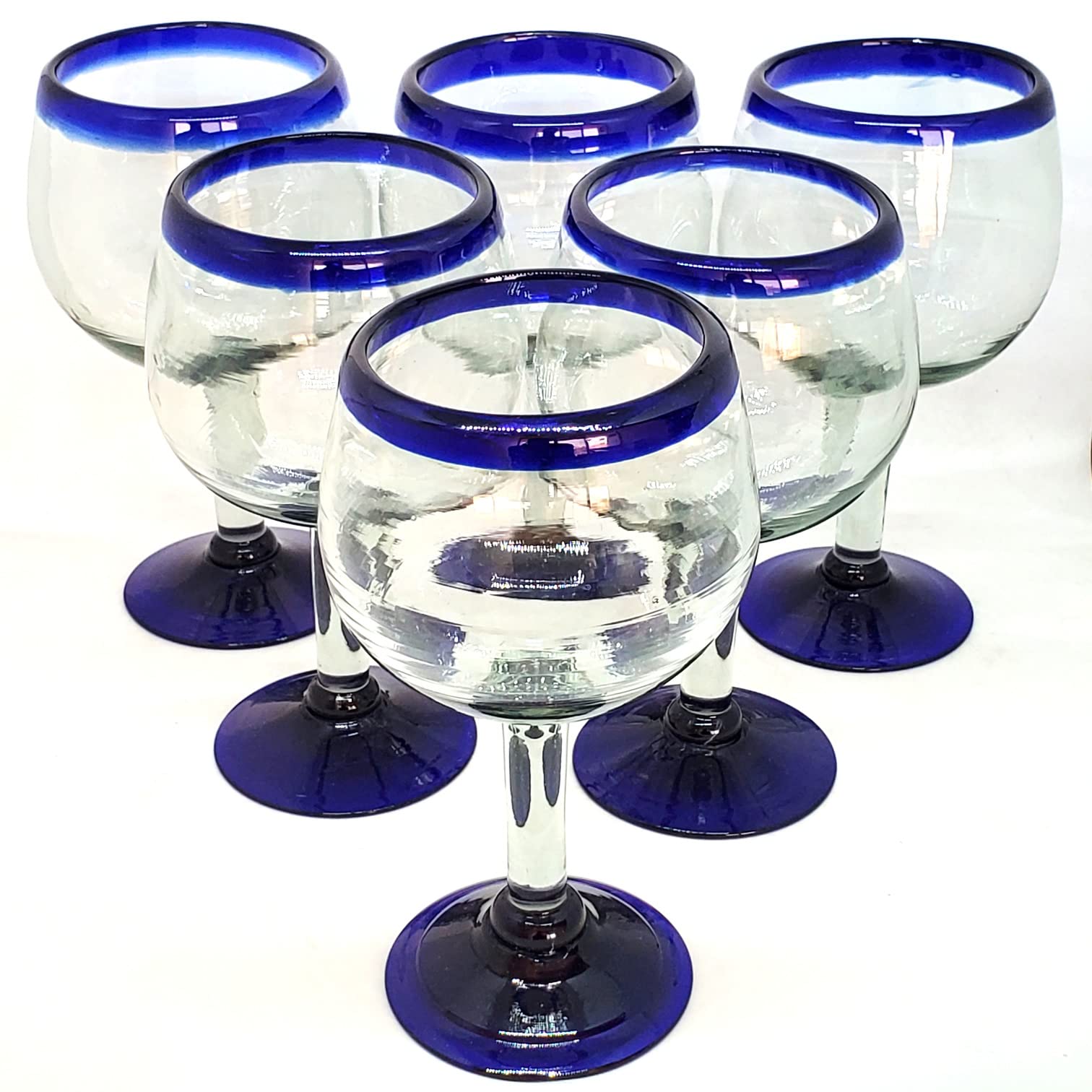 Premium Cobalt Blue Rim 15oz Balloon Wine Glasses Set of 6 - Recycled Lead-Free & Toxin-Free Glassware for Parties, Weddings & Home Decor