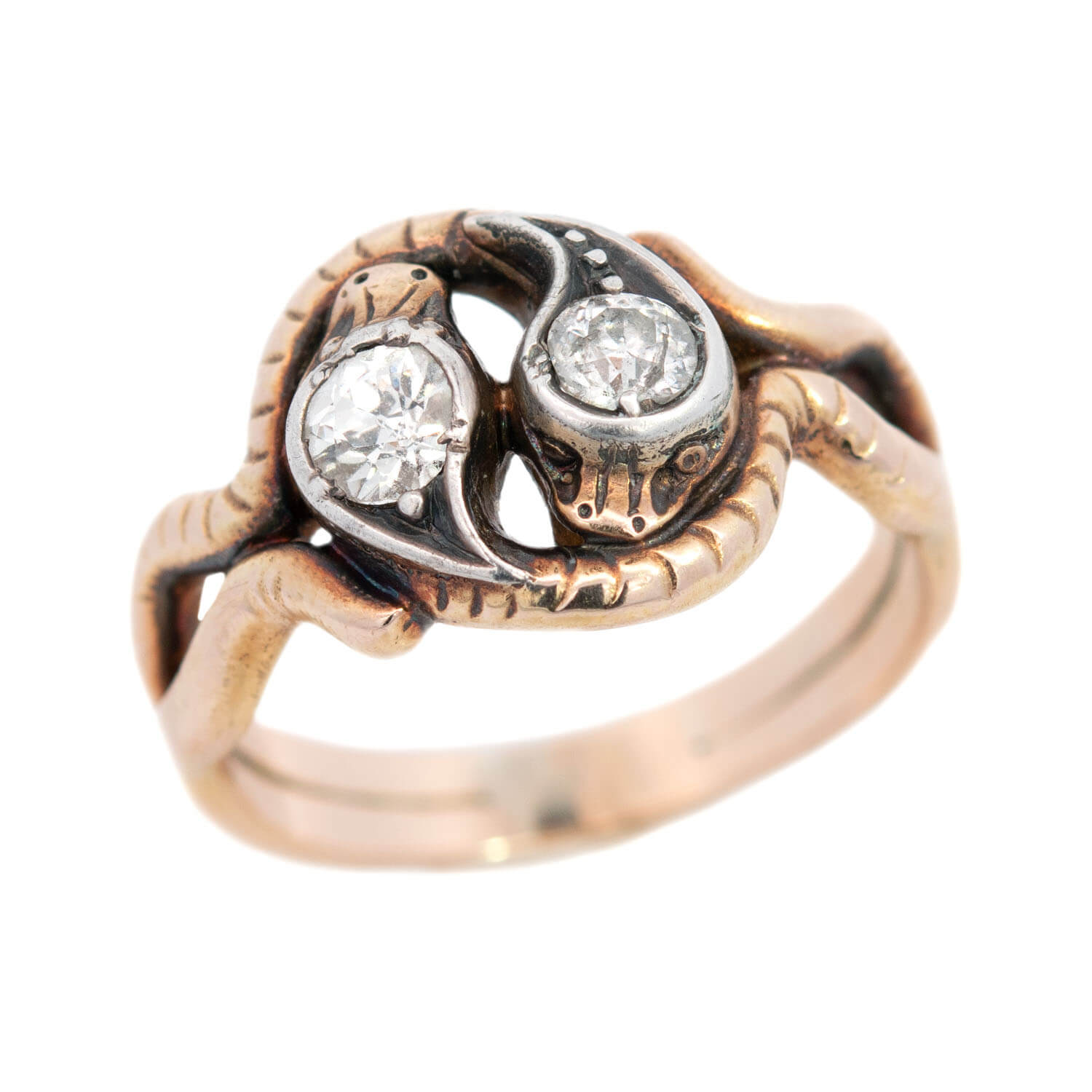 Victorian Style 14k Gold & Sterling Silver Double Snake Head Diamond Ring for Women - Elegant Vintage Jewelry for Weddings, Parties & Special Occasions