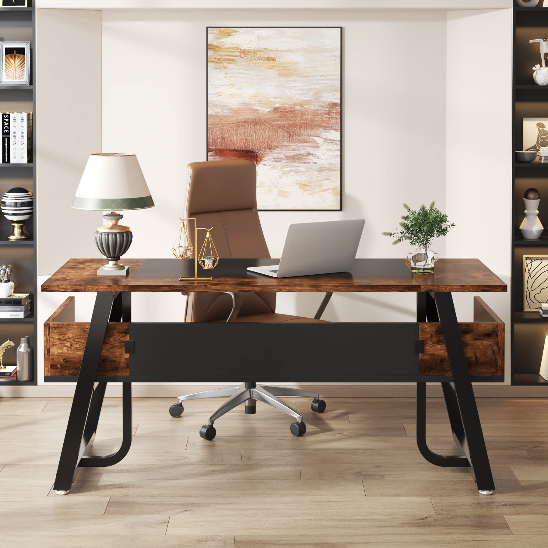 Tribesigns 63 Inch Modern Computer Desk with Storage Shelf - Sturdy Wooden Office Desk with Metal Frame for Home Office, Study, Bedroom | Large Writing Table & Business Workstation (Black Brown) - Perfect for Remote Work, Gaming, and Small Spaces