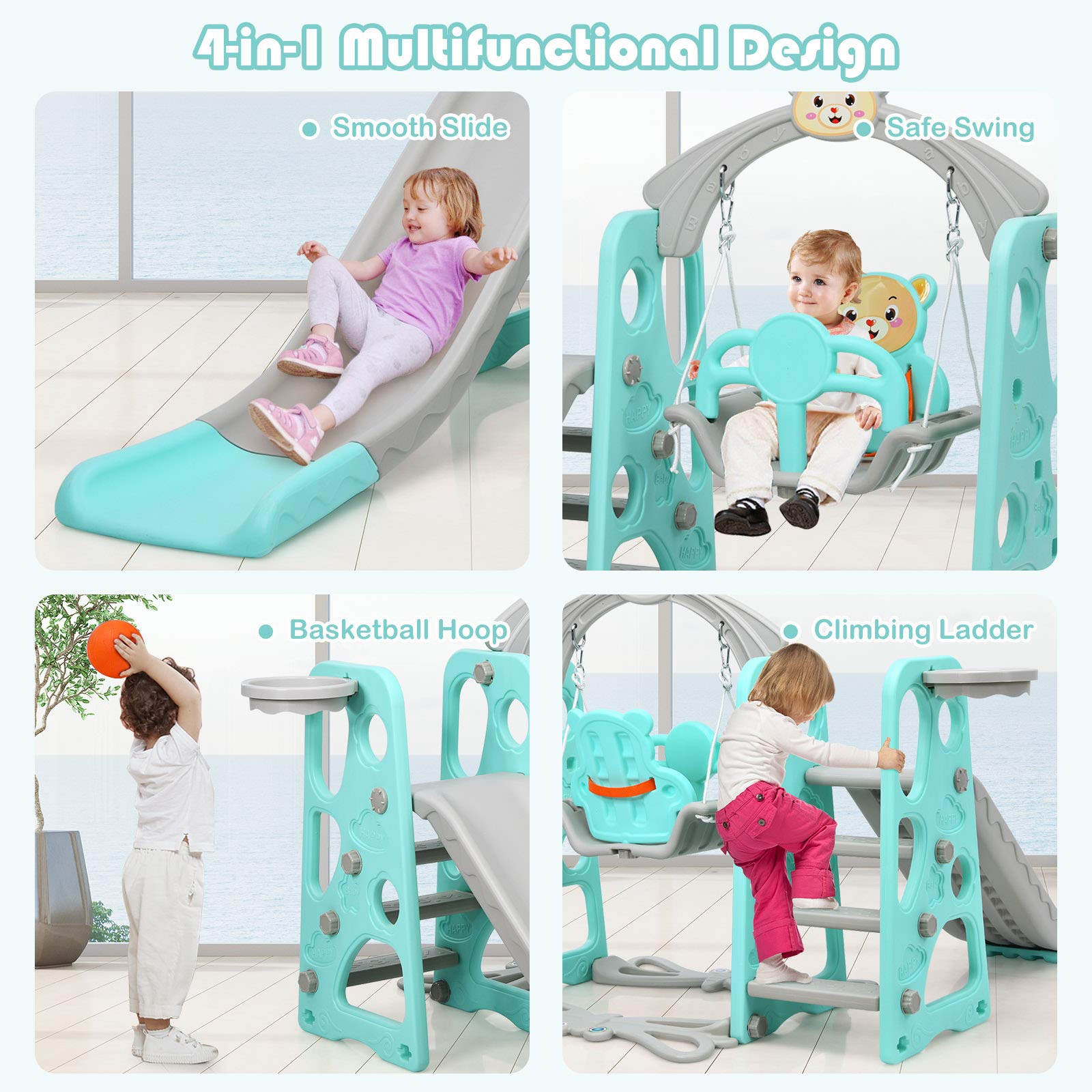 Costzon 4-in-1 Toddler Slide & Swing Set - Indoor/Outdoor Baby Playset with Slide, Swing, Climber & Basketball Hoop | Fun Playground Equipment for 1+ Year Old Girls & Boys | Perfect for Backyards, Playrooms & Birthday Gifts