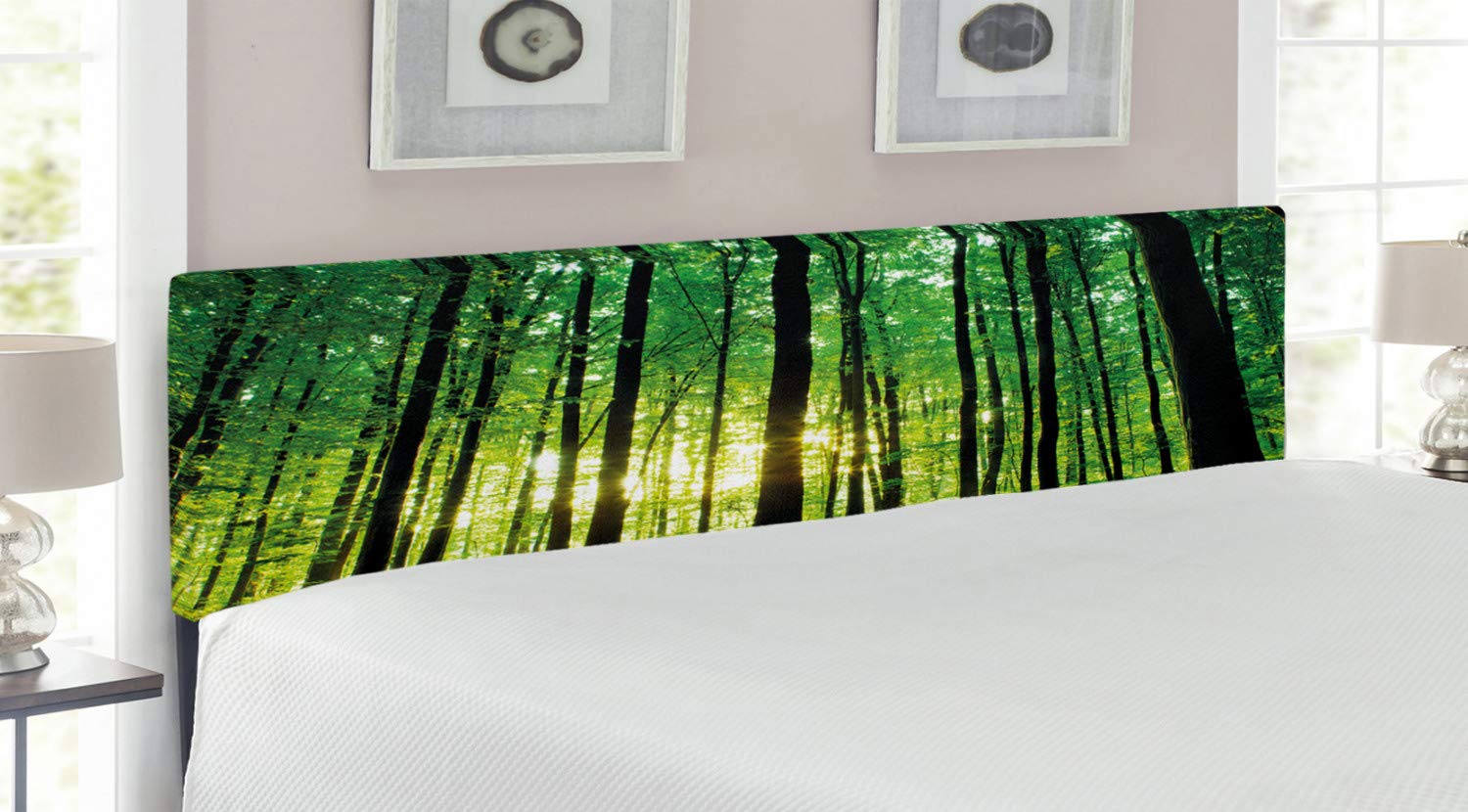 Ambesonne Forest King Size Headboard - Green Woodland Sunrise Scenic Nature Design with Memory Foam | Upholstered Decorative Metal Bed Frame for Bedroom, Guest Room & Vacation Homes (Green, Black, Yellow)