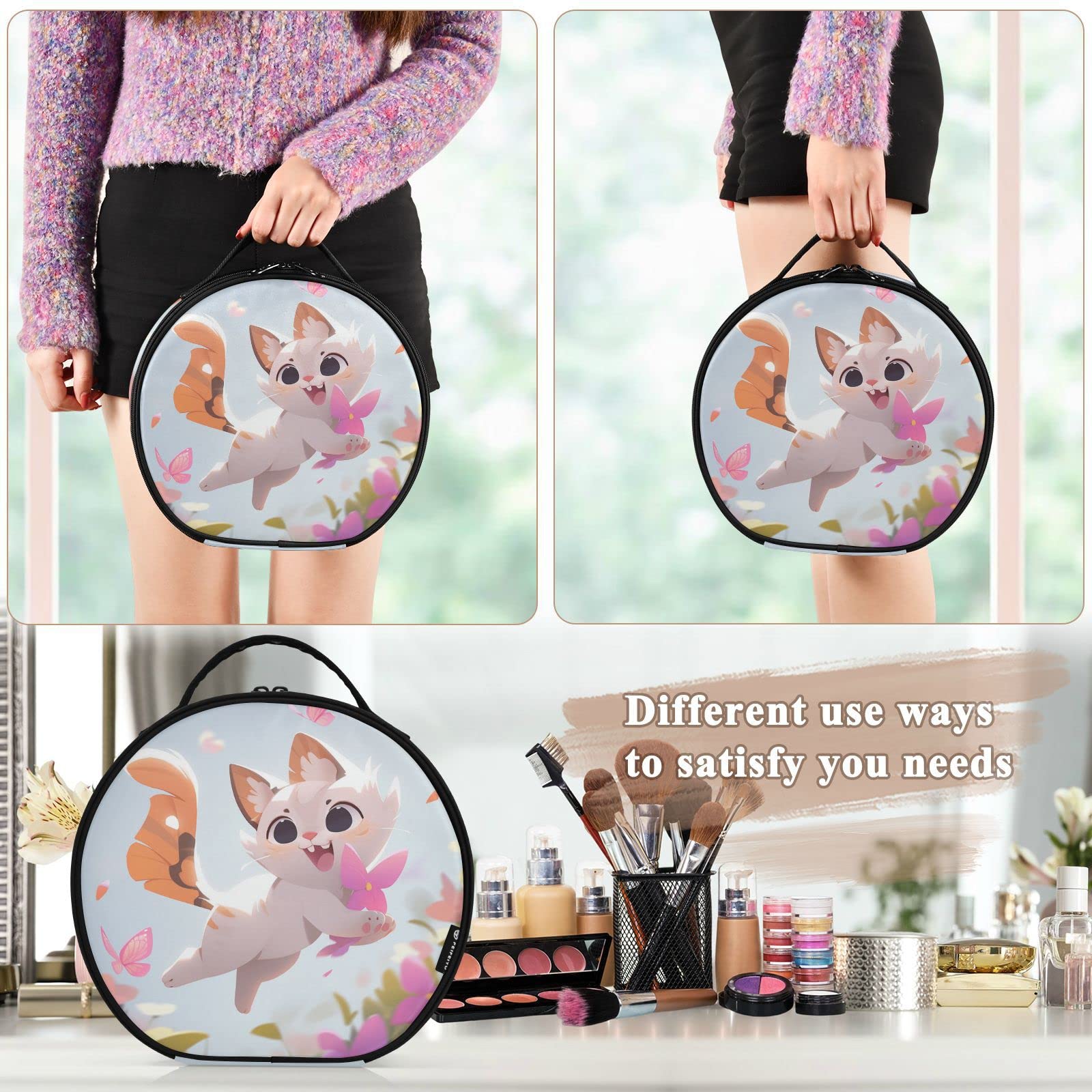 Linqin Travel Makeup Case for Women - Portable Cosmetic Organizer with Adjustable Dividers, Cute Happy Cat Design - Perfect for Jewelry, Brushes & Toiletry Storage | Ideal for Travel, Home & Salon Use