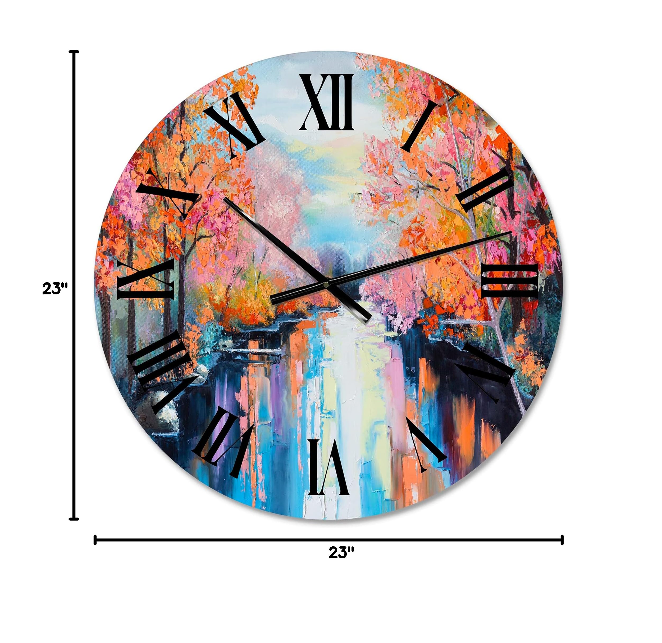 DesignQ Lake House Wall Clock - Orange Autumn Forest by The River Landscape Nature Wall Art - Large Rustic Clock for Living Room, Bedroom & Office Decor - Perfect for Farmhouse, Cabin & Lakeside Home Décor